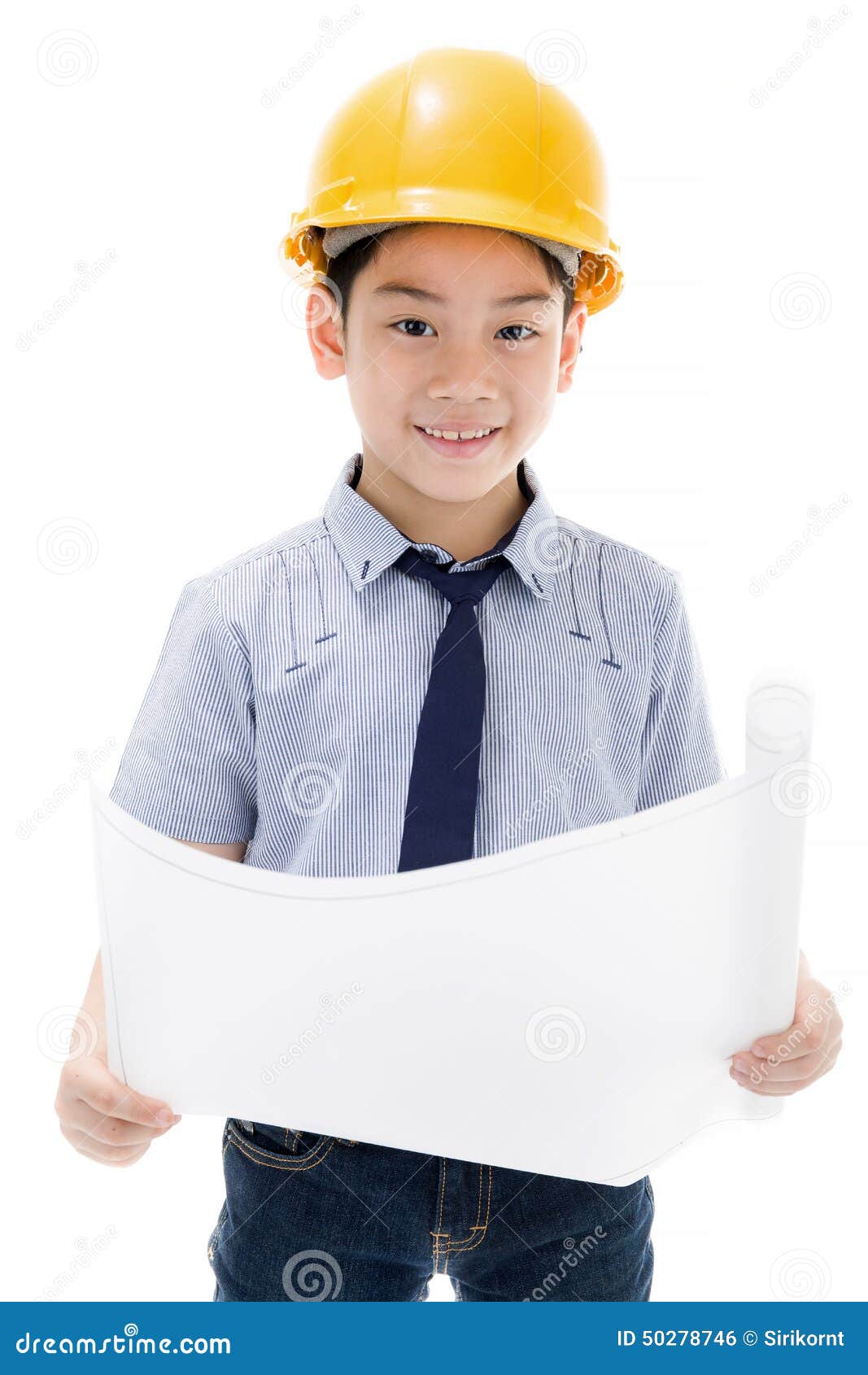 Young Asian Child Construction Engineer Holding Equipment Stock Photo