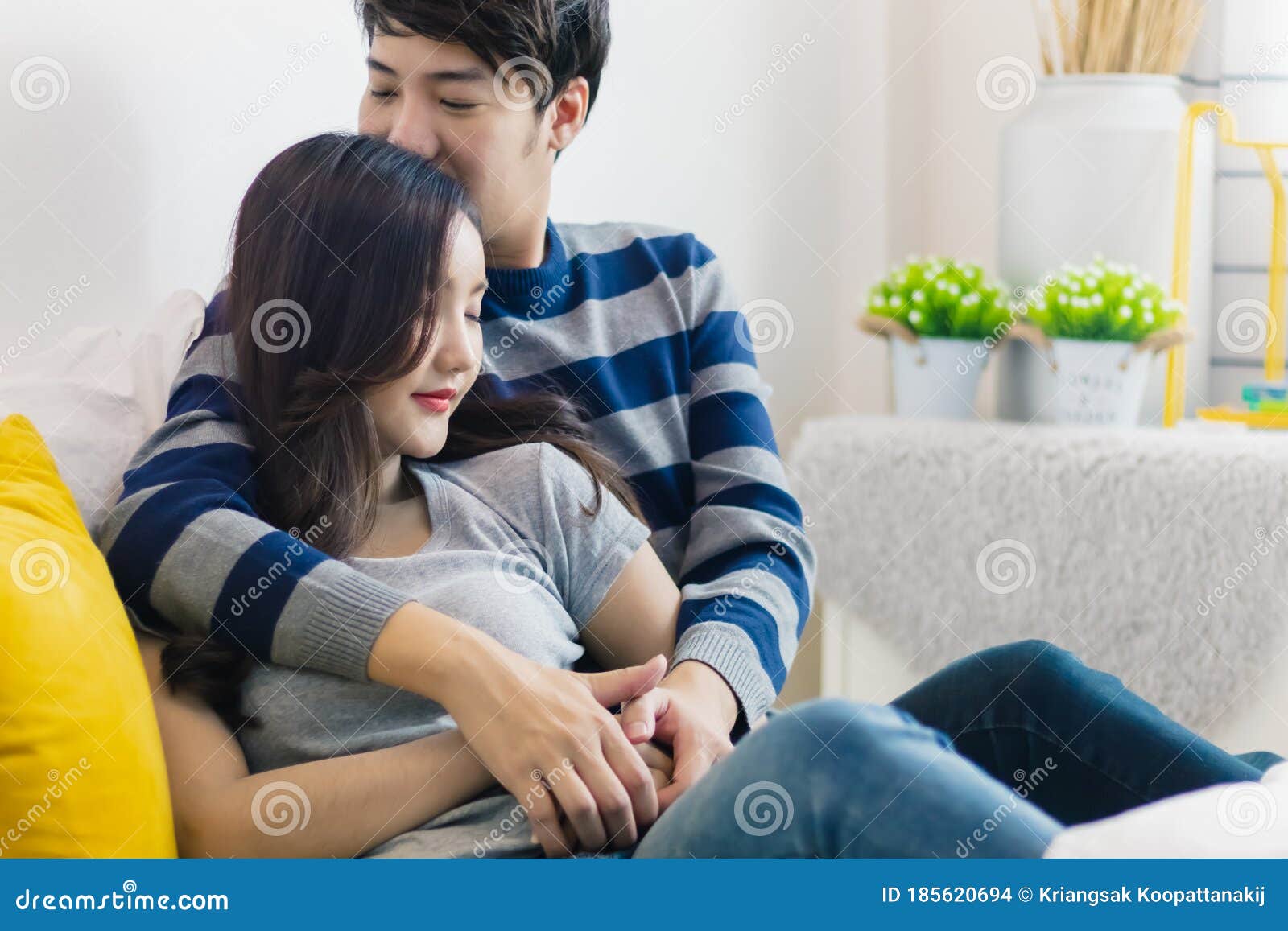 Young Asian Couple Hugging Or Embracing Happy Relationship Of Lover