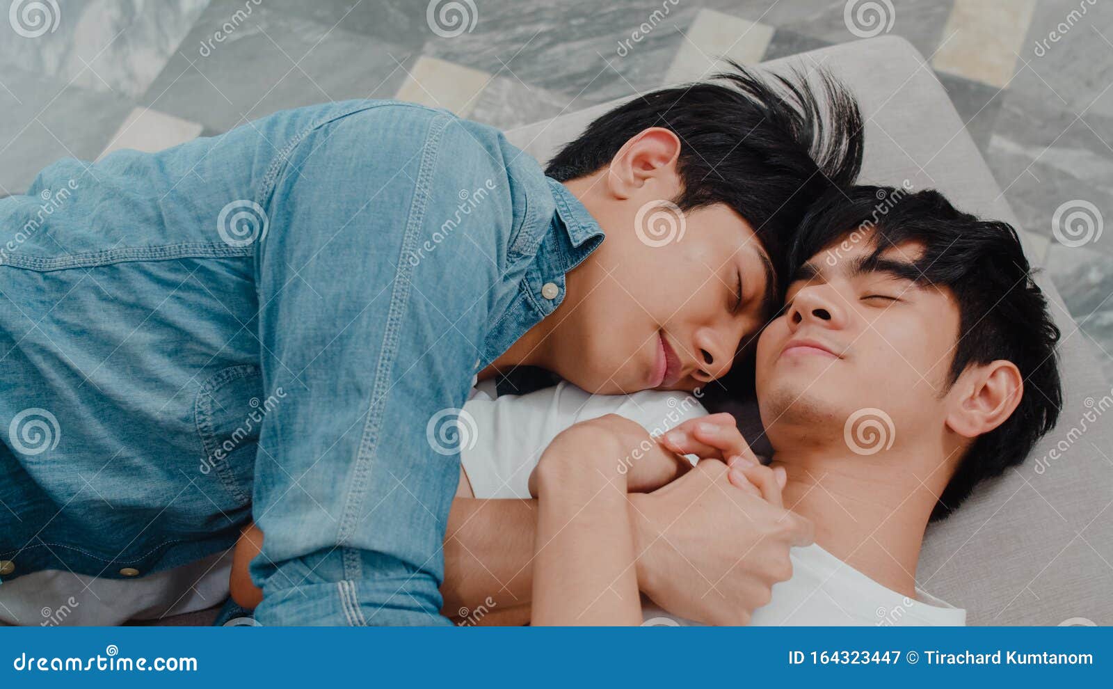 Young Asian Gay Couple Sleep Together At Home T