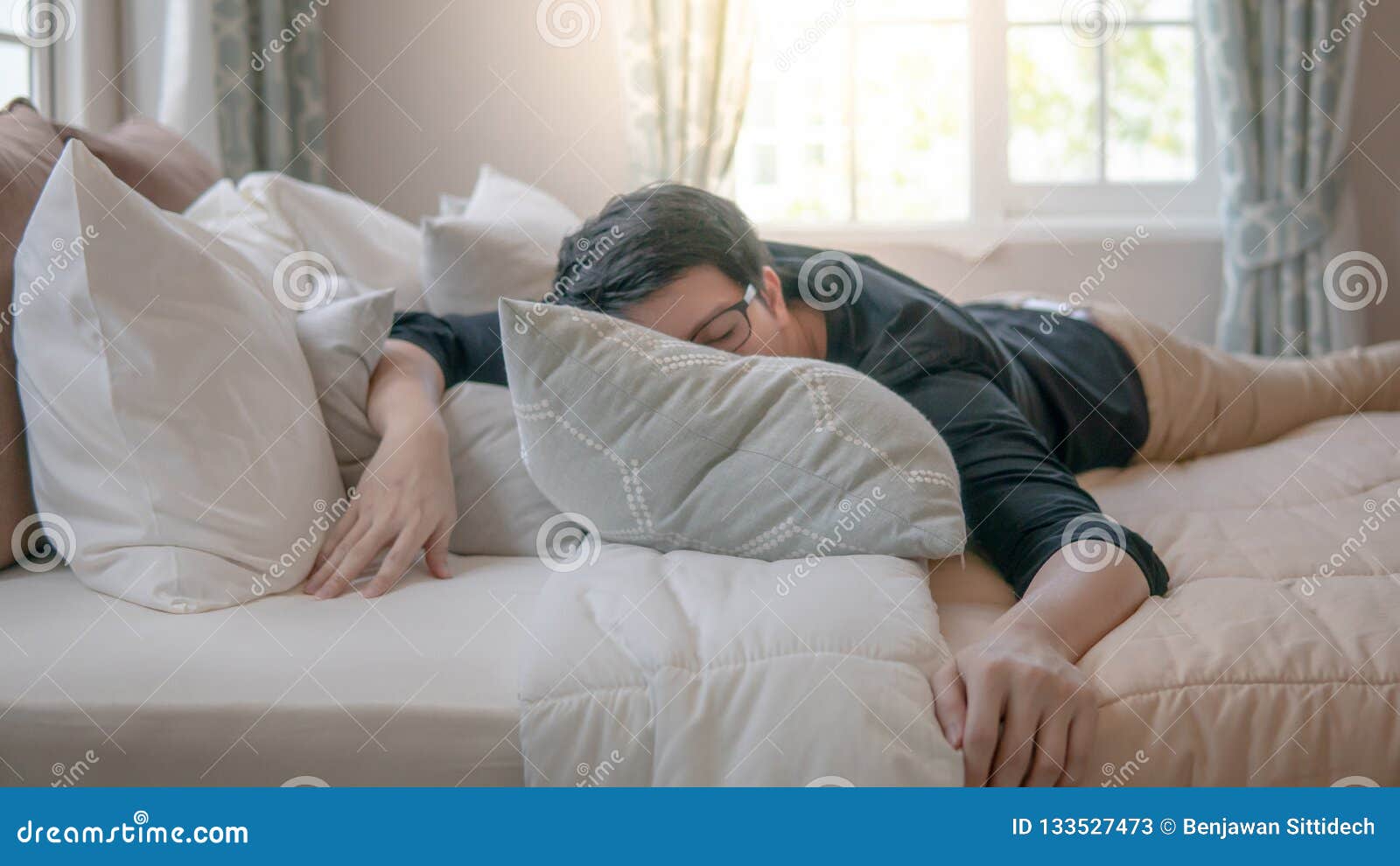 Asian Man Sleeping on Bed in Bedroom Stock Image - Image of healthcare ...