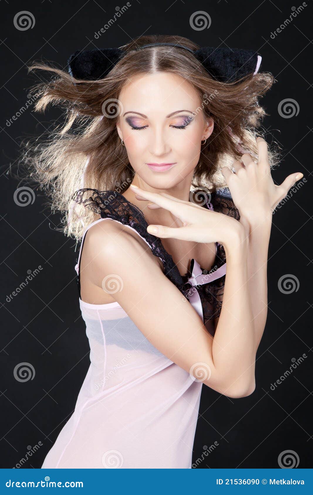 Young Asian Woman with Cat Ears on Black Stock Photo Image of