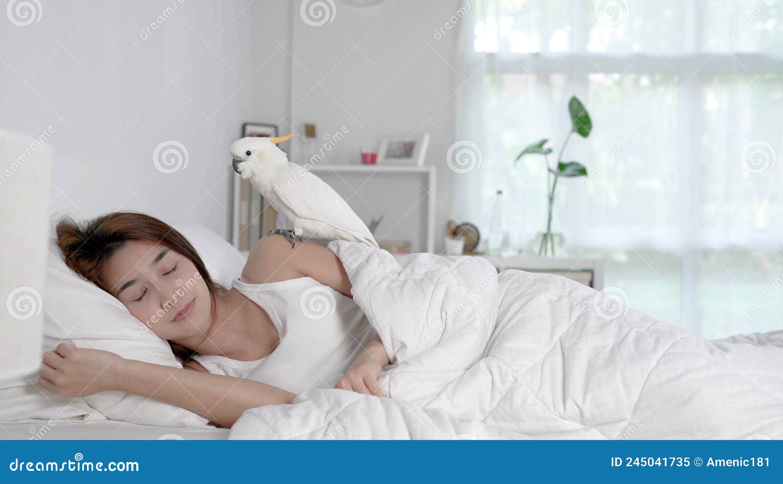 young asian woman lying on bed woke up and greeted by a cockatoo parrot in the morning