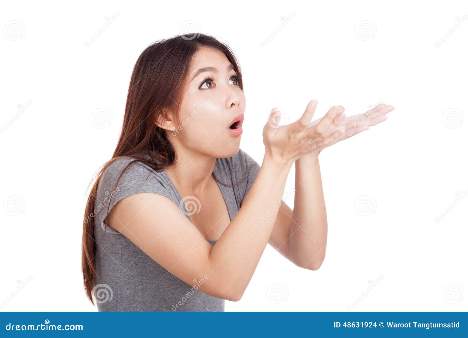 Young Asian Woman Shocked with Both Hand Hold Something Stock Photo ...