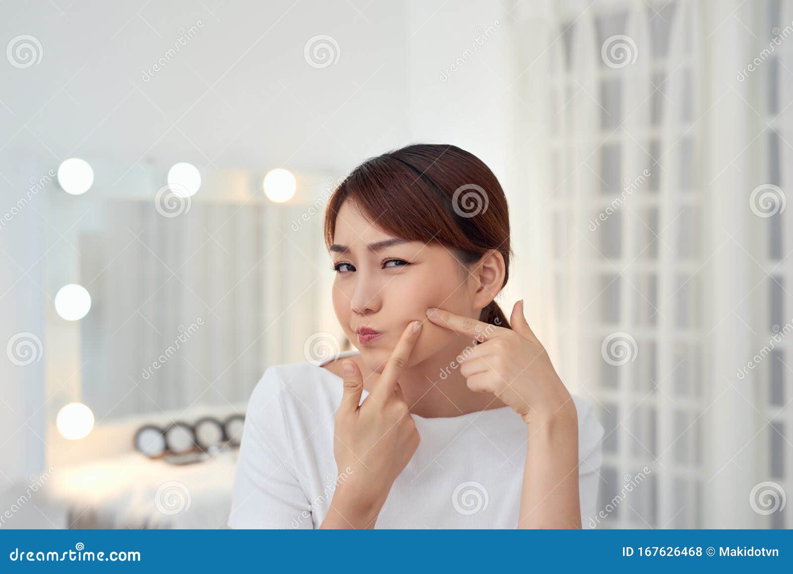 Young Asian Woman Squeeze Her Acne Stock Photo Image of upset, care