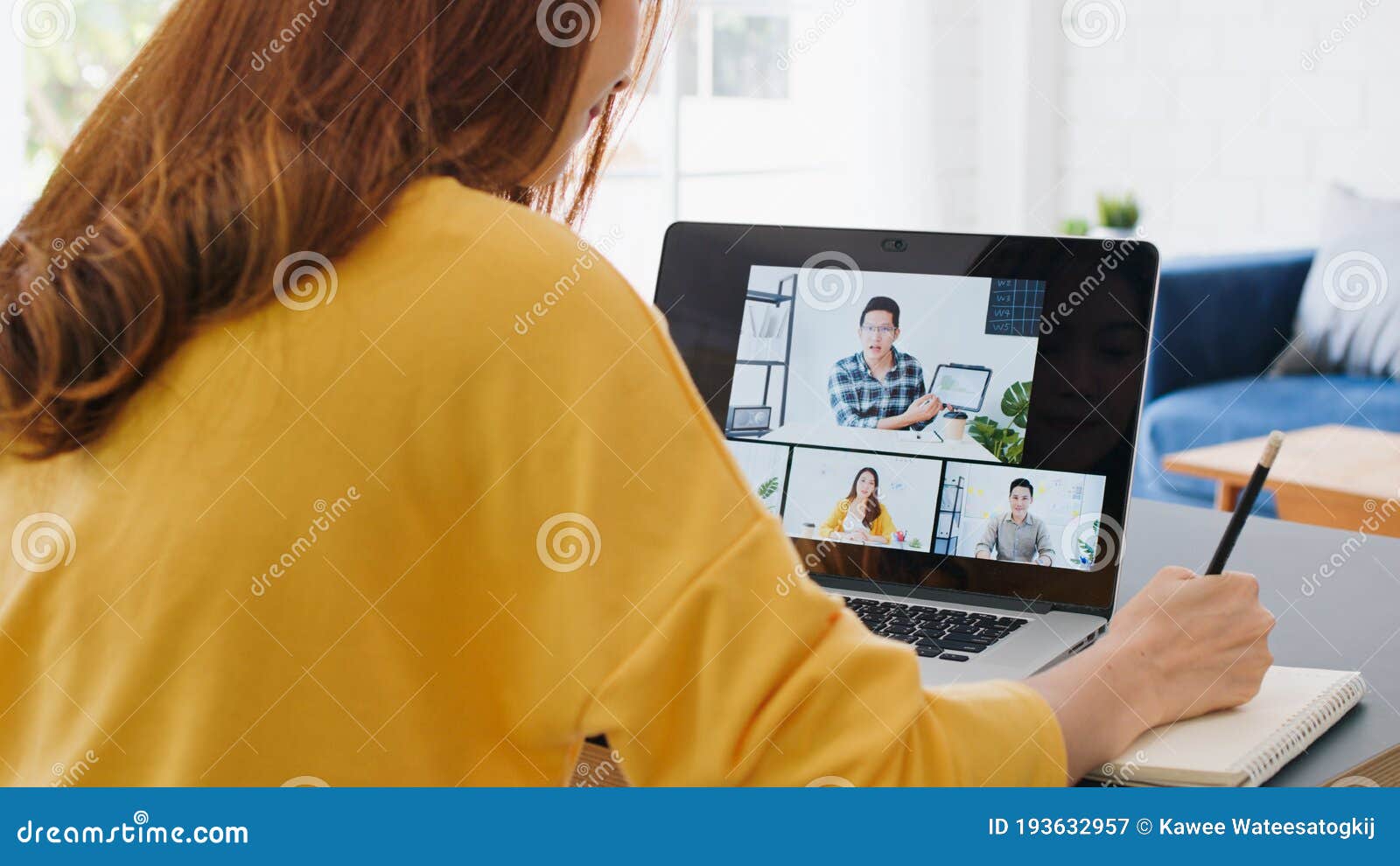 asian woman video call conference, online remote meeting with business coworker, at home. new normal lifestyle