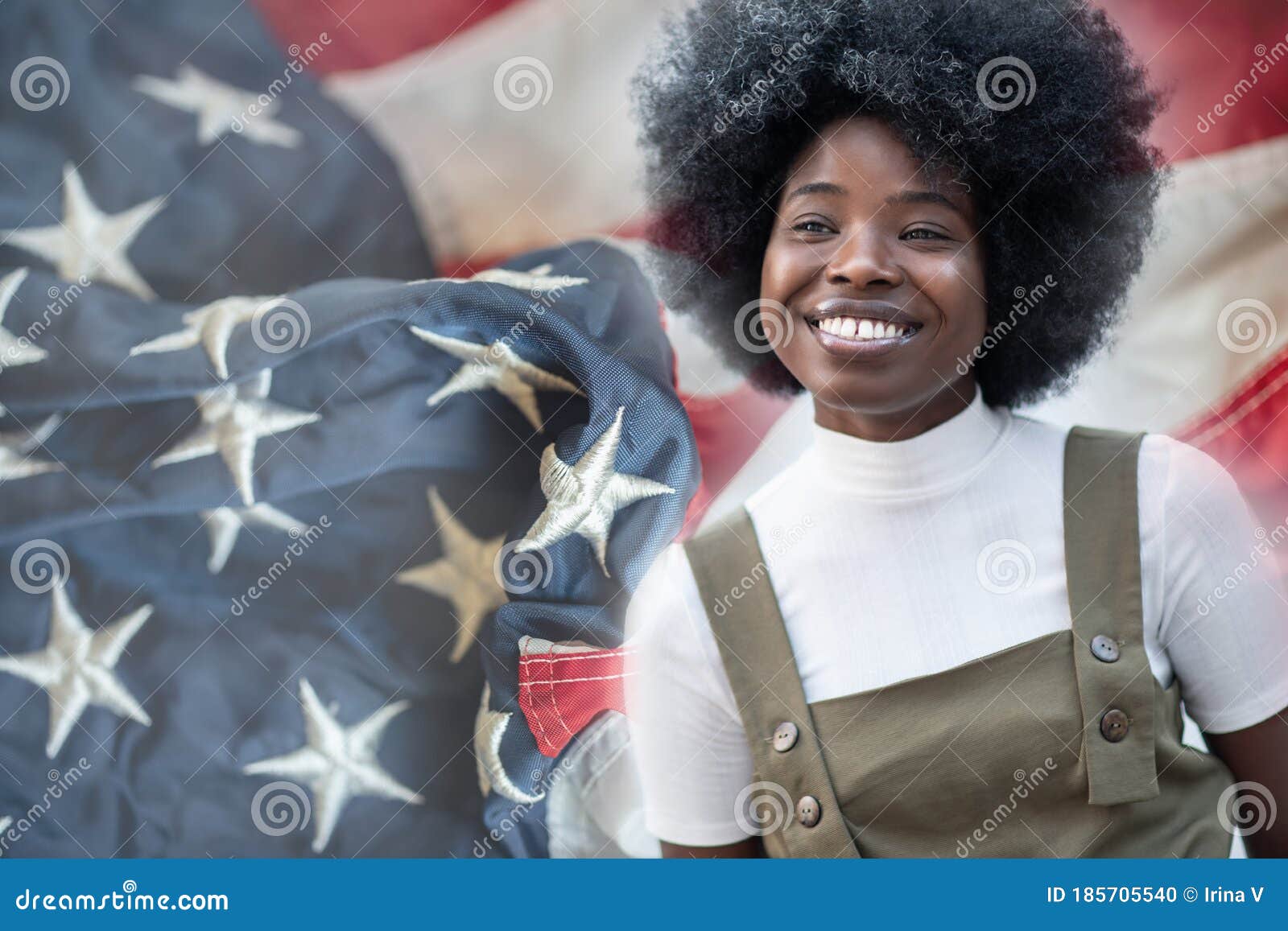 Young Aspiring Black Girl Looking in the Future with a Smile. a US Flag ...