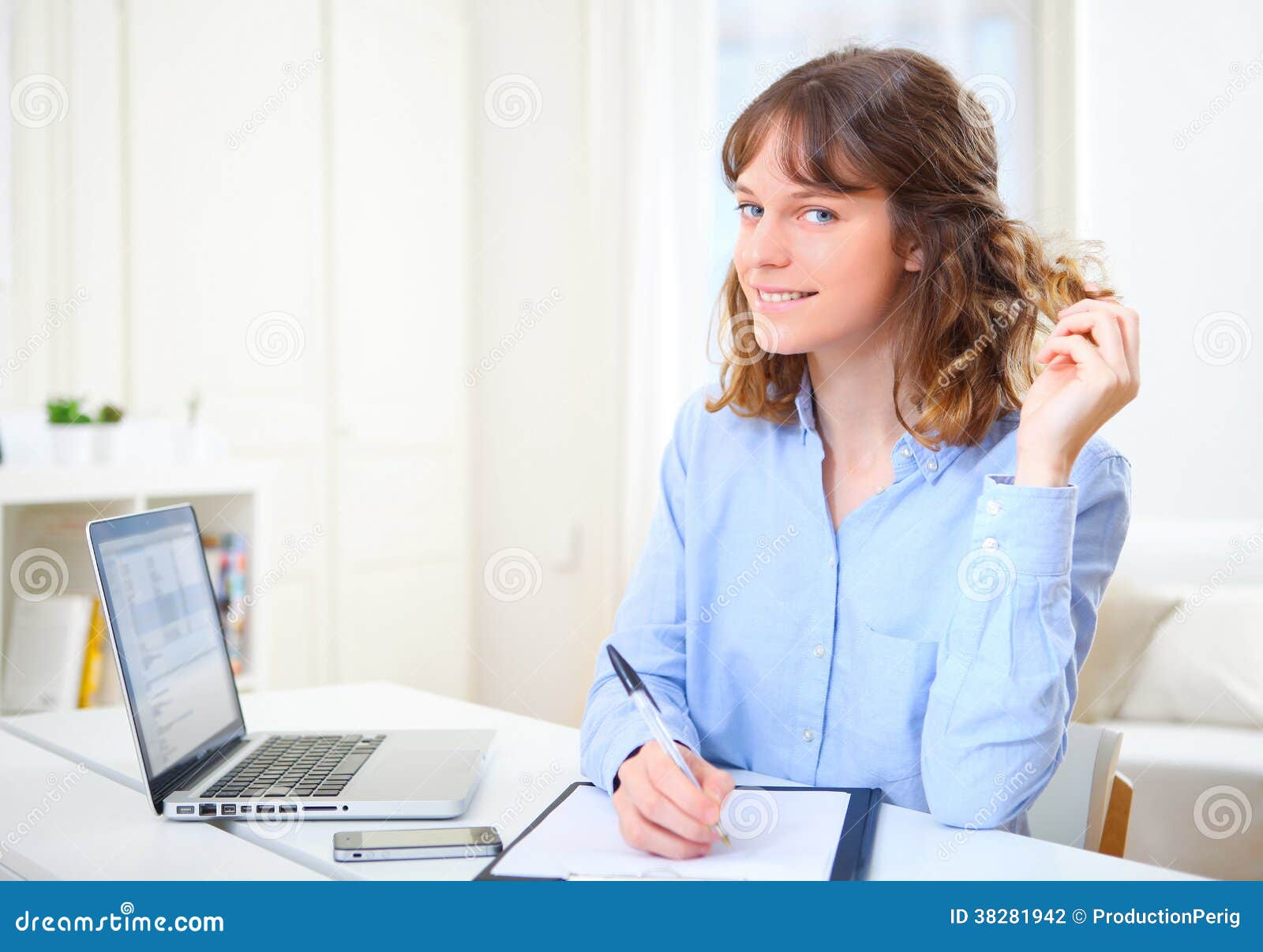 Young Attractive Business Woman Copying Data on Paper Stock Photo ...