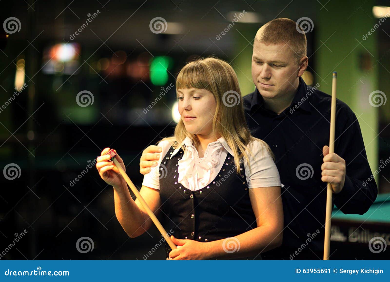 The Young Attractive Couple Plays Billiards Stock Image Image Of