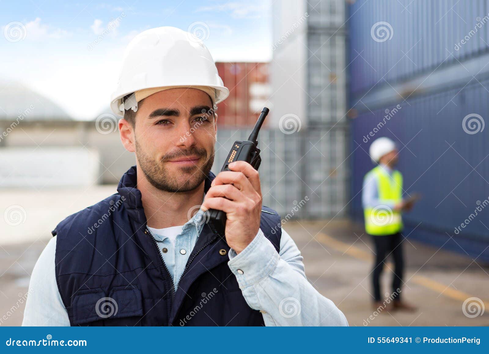 Young Attractive Docker Using Talkie Walkie at Work Stock Image - Image ...