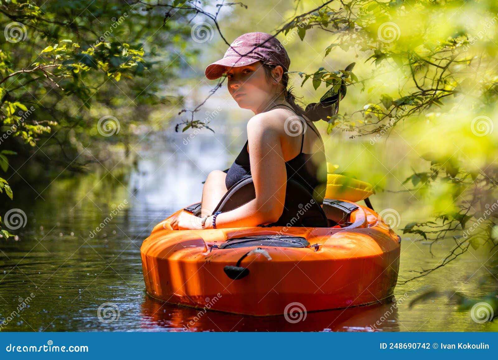 Young Attractive Girl Paddling in Canoe Still Water Stock Photo - Image ...