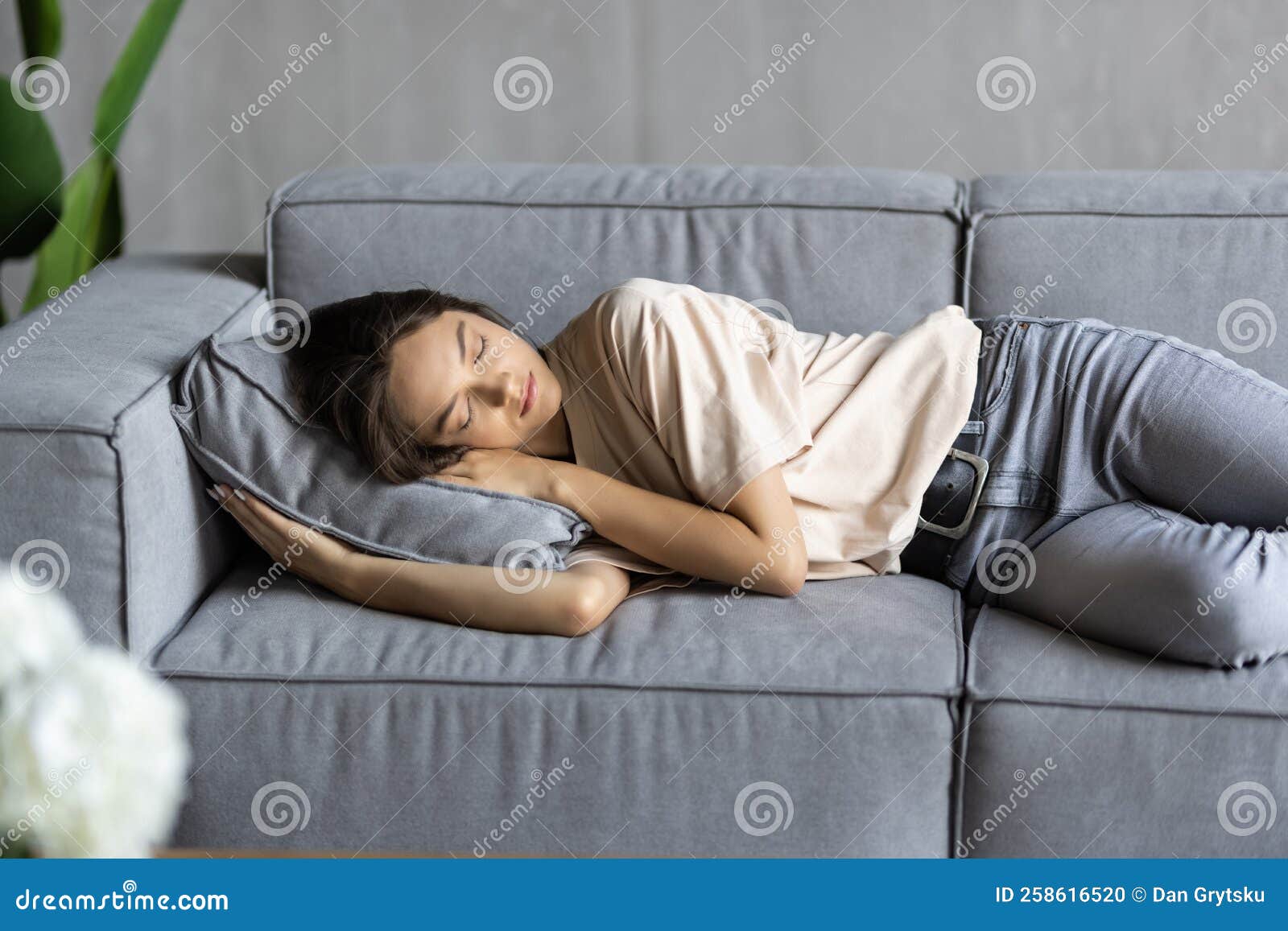 Young Attractive Woman Sleeping On The Couch In The Living Room Stock