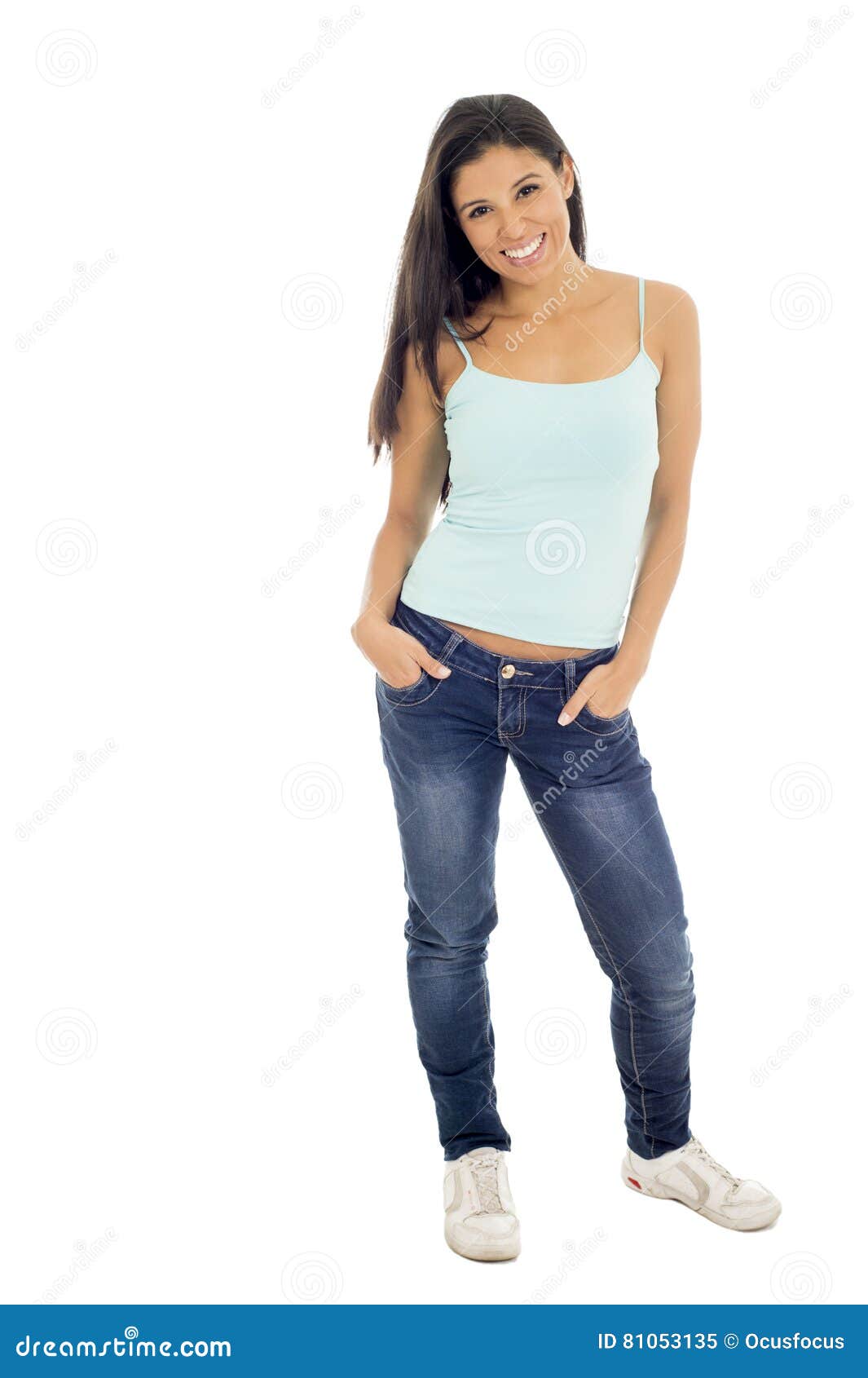 Young Attractive Hispanic Woman in Casual Top and Jeans Smiling Happy ...