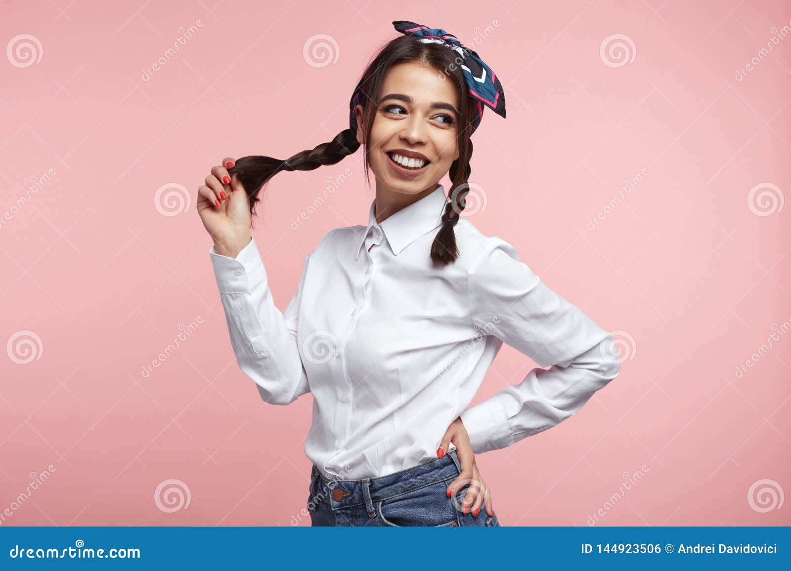 Cheerful Latina Female With Bright Smile Wearing Whit