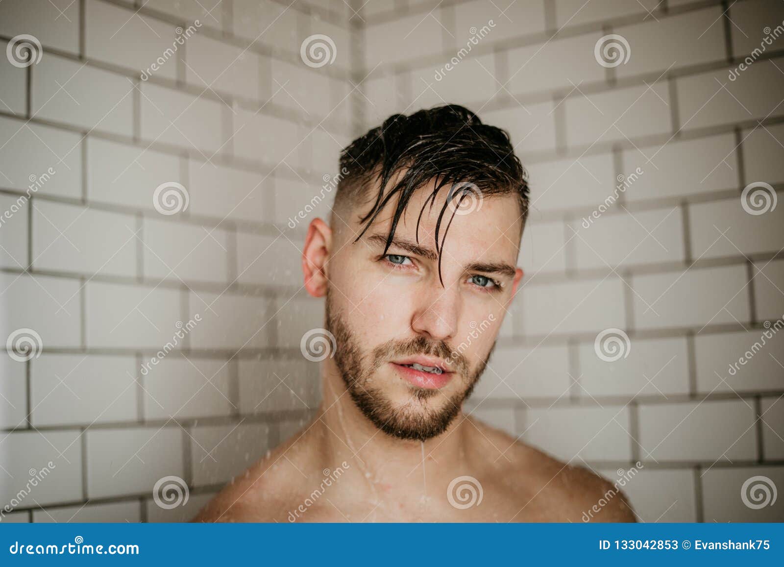 Young Attractive Male Model Washing Hair in Trendy Modern Subway Tile Wet  Shower Stock Image - Image of face, hair: 133042853