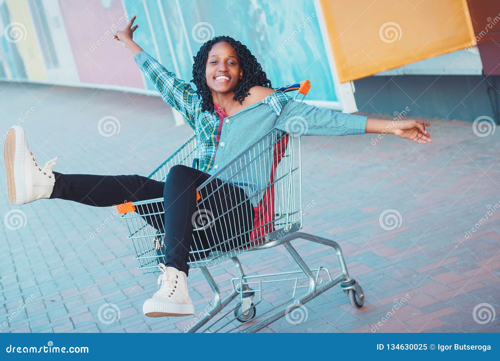 Young Beautiful Woman Dressed in Casual Clothes with a Shopping Cart ...