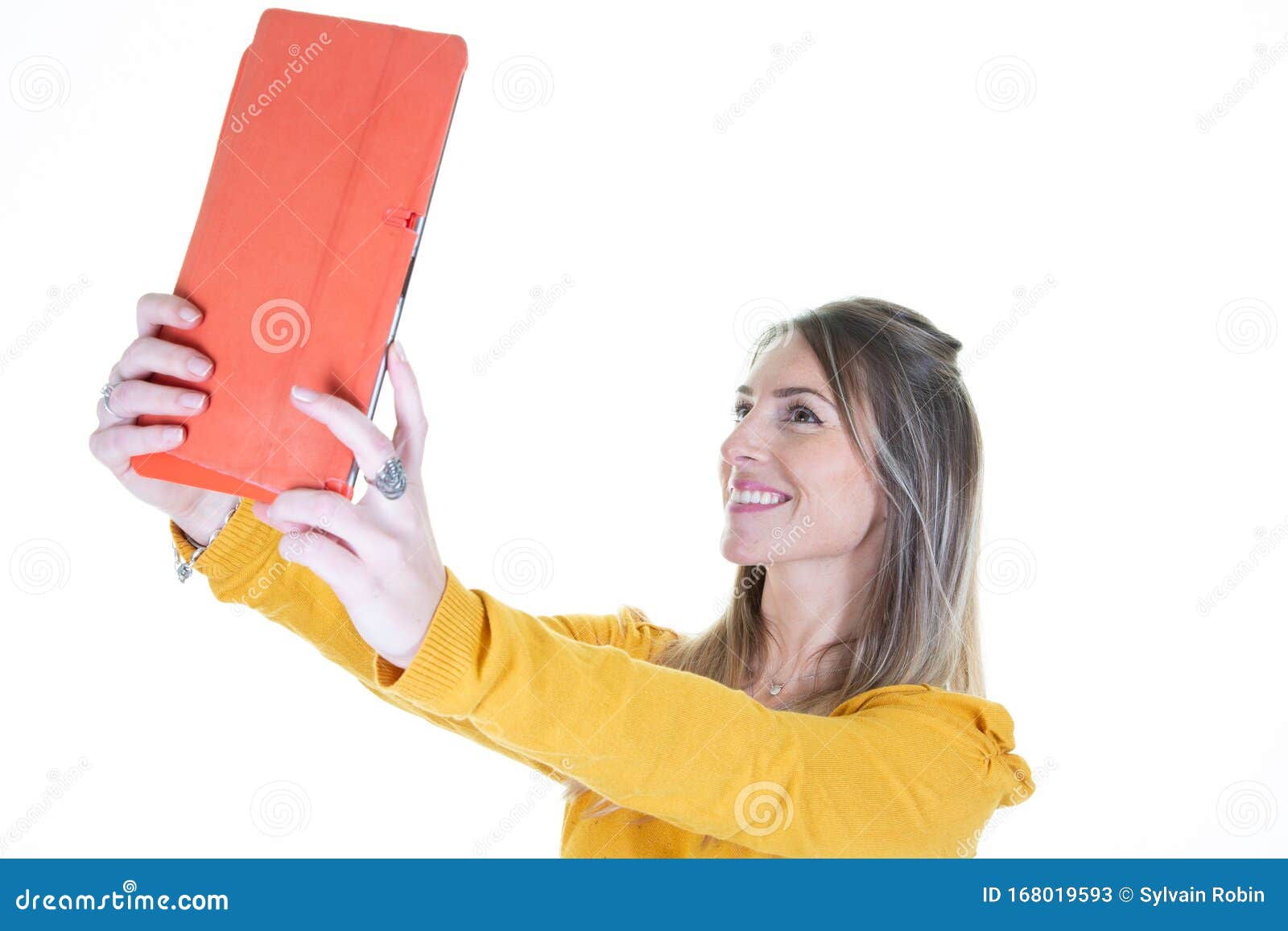 Young Attractive Woman Making Selfie Photo with Tablet Computer on ...