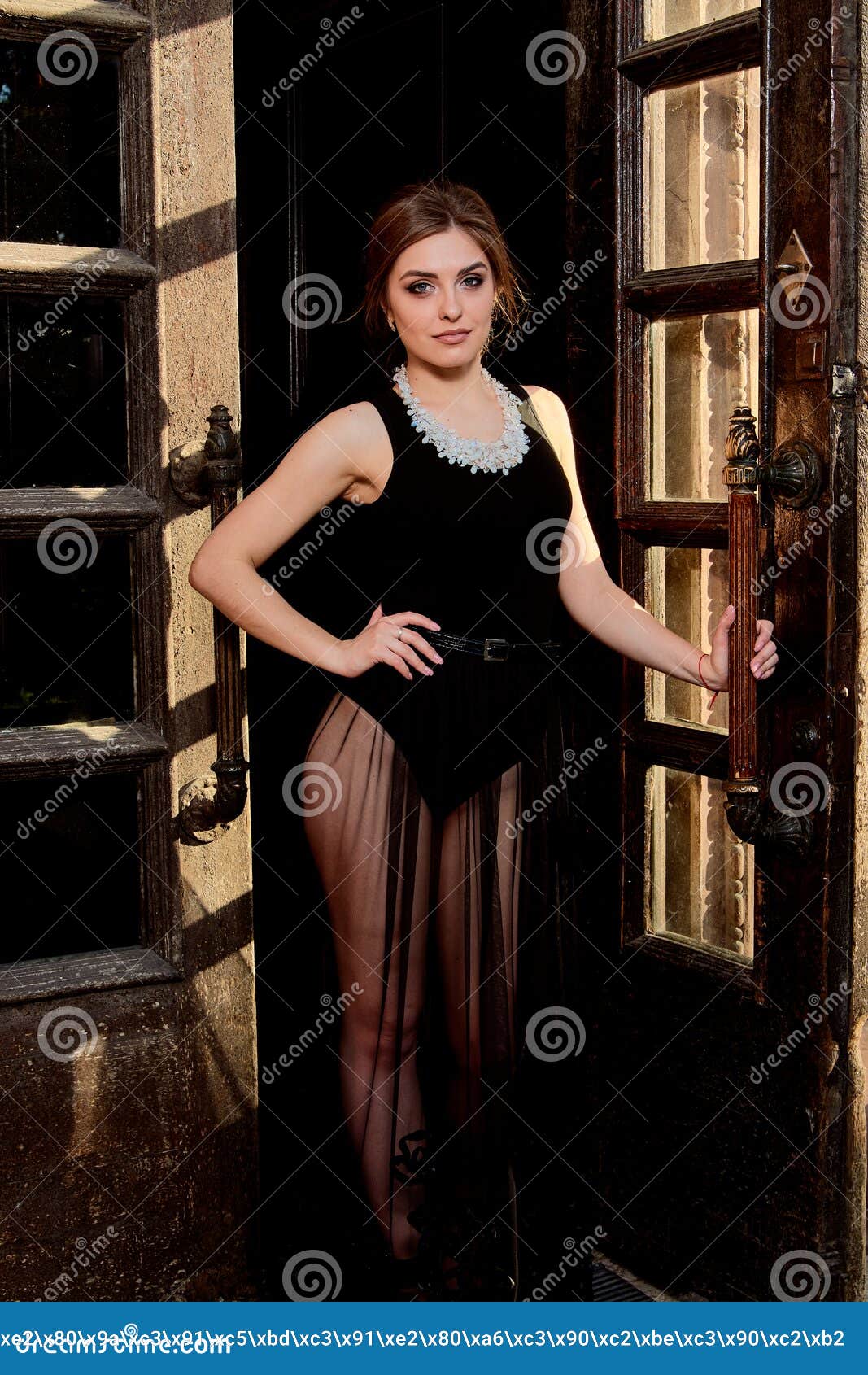 Young attractive woman in the black dress. Young woman portrait. Young attractive woman in the see-through, transparent, transpicuous, diaphanous black dress posing at summer sunny day outdoor at the old double door. Fashion woman. Young woman modern portrait