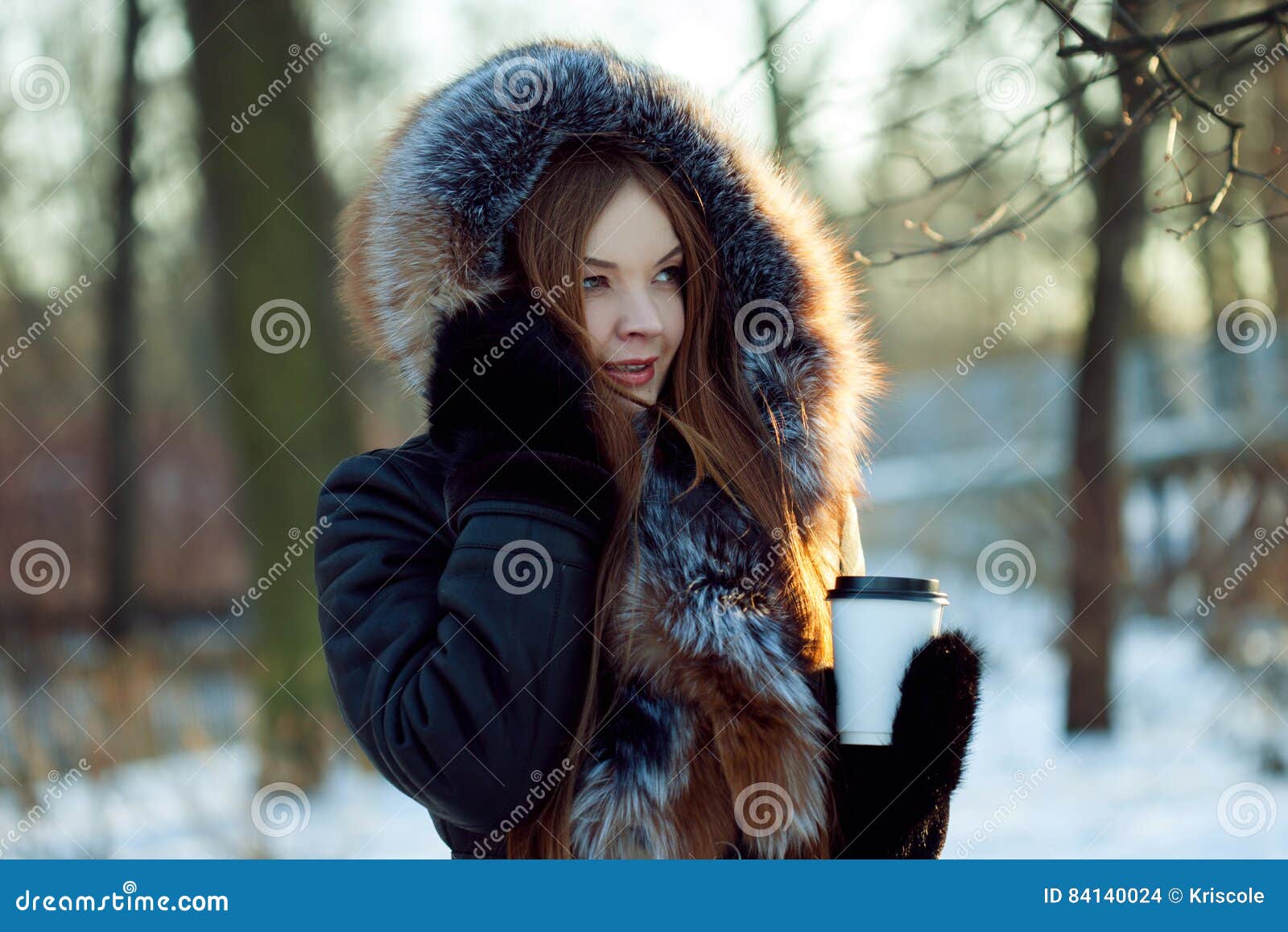 Young and Attractive Woman on Walk, Winter, Warm Coat with a Hood ...