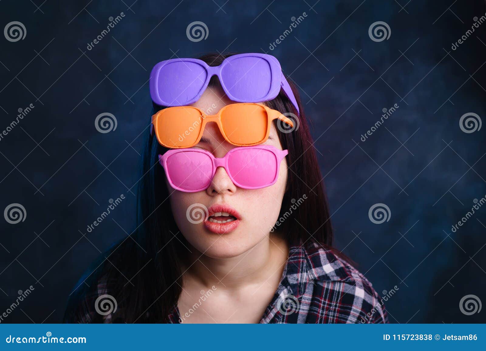 Young Attractive Woman Wearing Many Vibrant Retro Sunglasses Fa Stock 