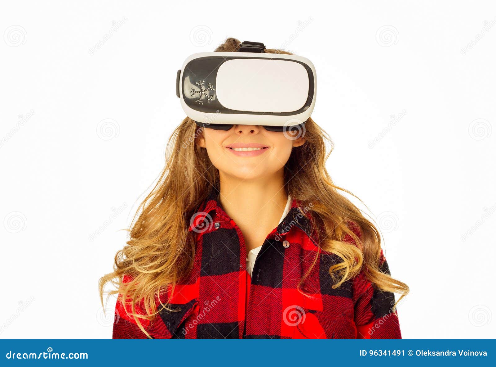 Smile Young Woman Wearing Using Virtual Reality VR Glasses 