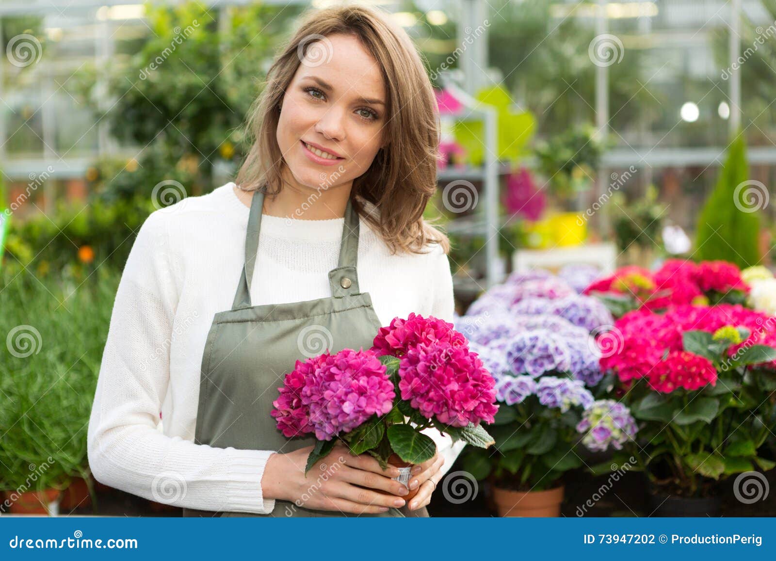Young Attractive Woman Working at the Plants Nursery Stock Photo