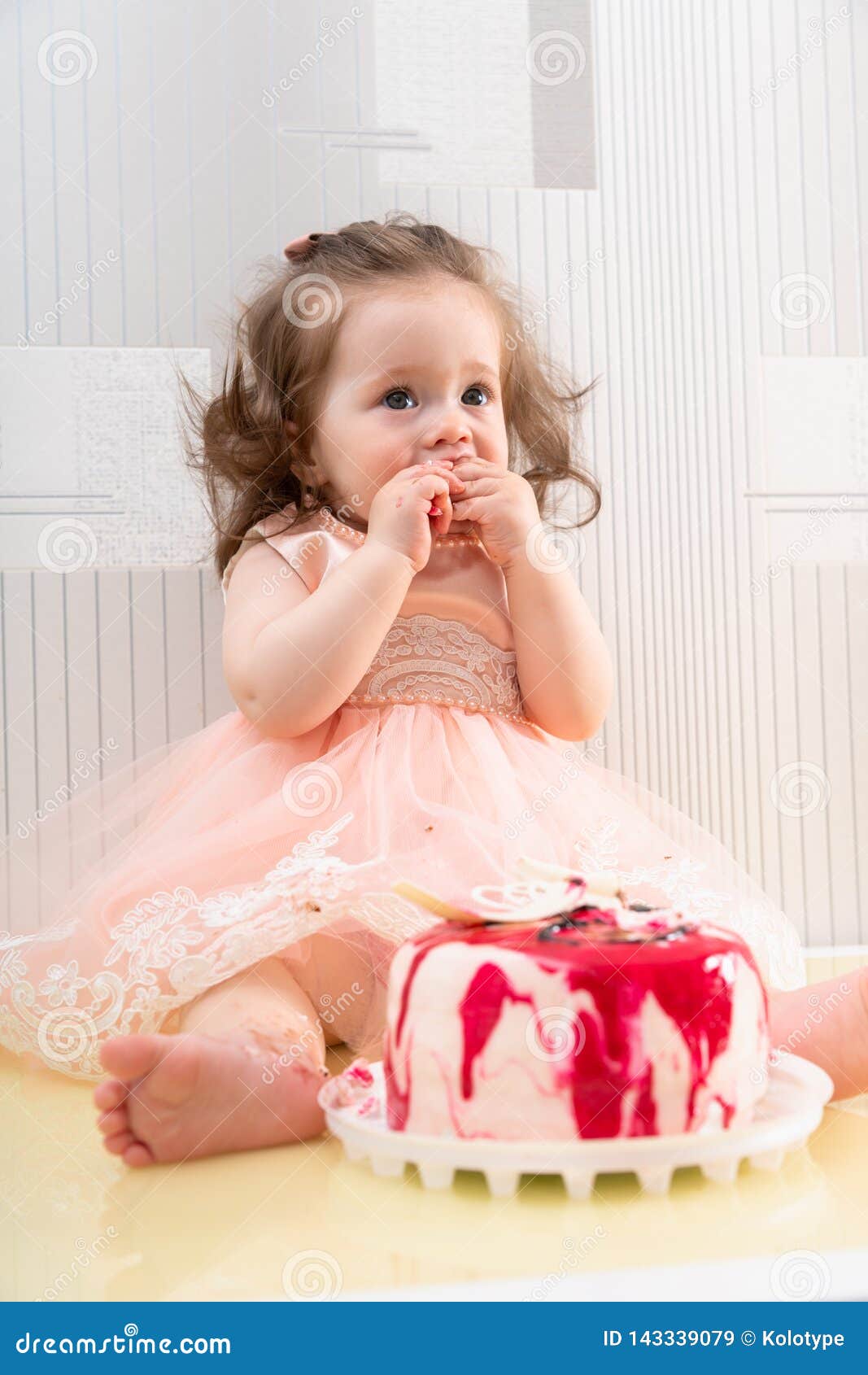 Young Baby Girl Eating Sweet Cake with Hands Stock Image - Image ...