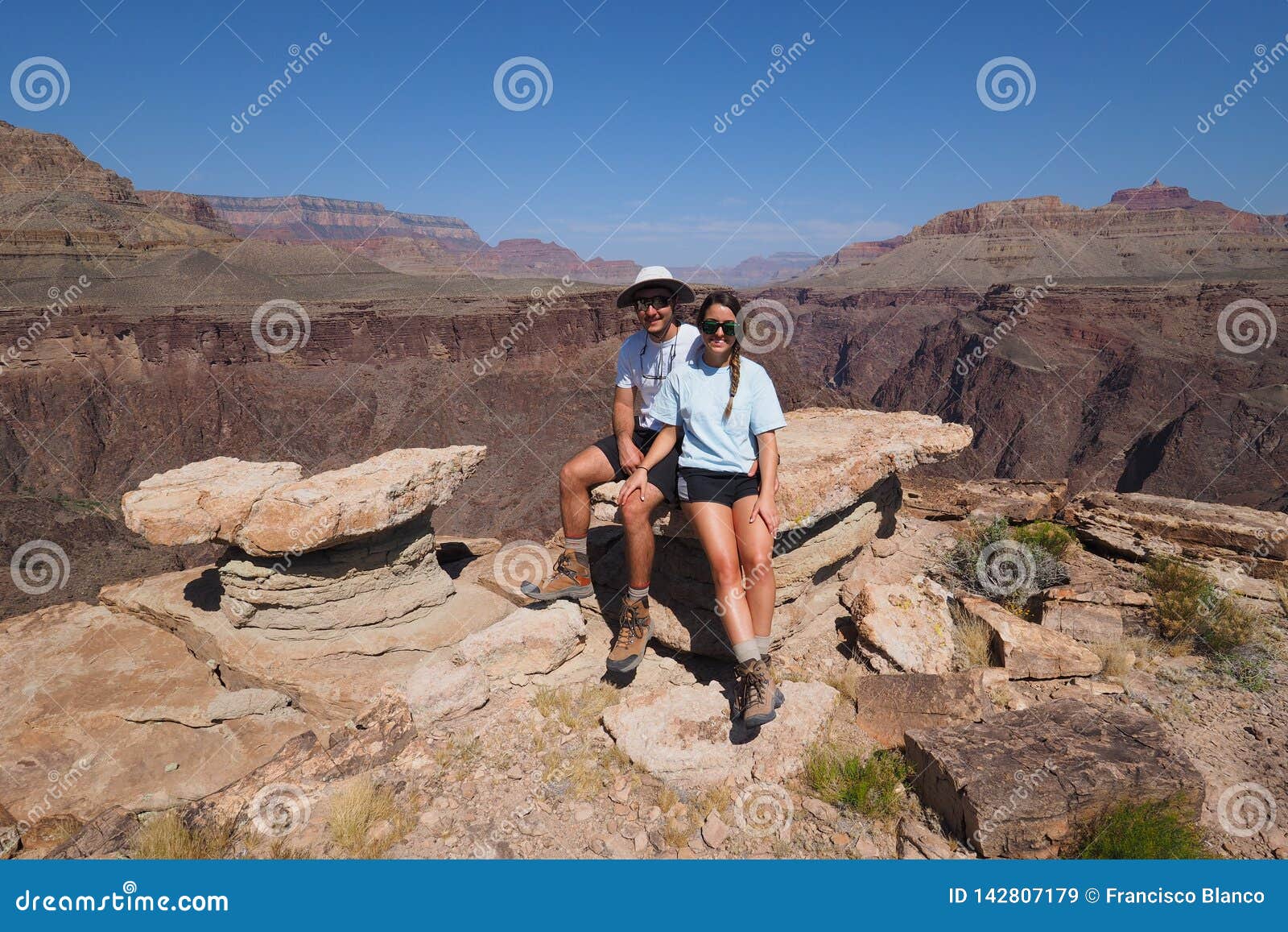 Young Backpacking Couple On The Tonto Trail In The Grand Canyon Stock