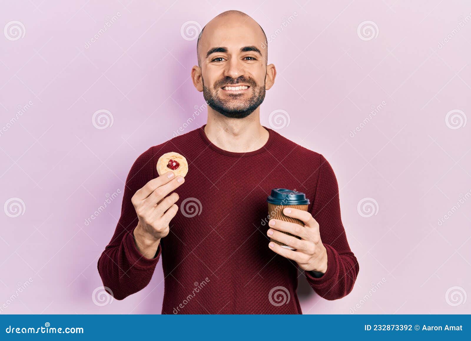 Young Bald Man Drinking Coffee and Eating Pastry Smiling with a Happy ...