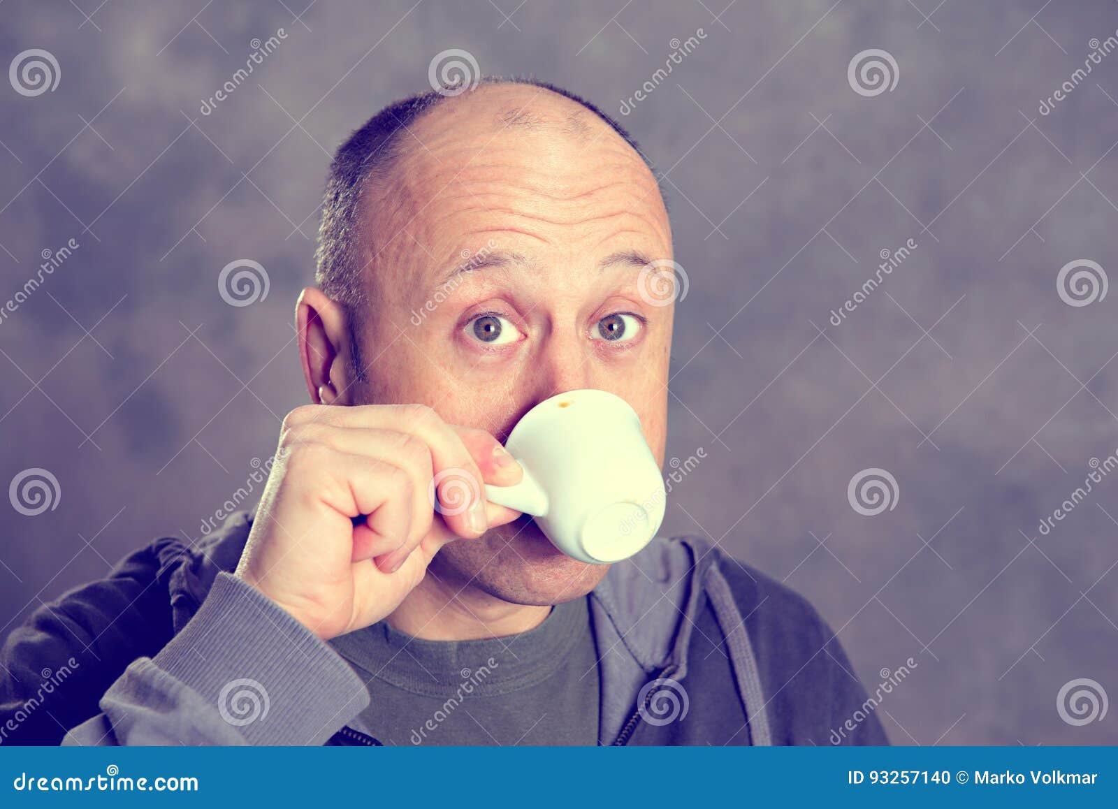 Young Baldheaded Man Drinking Coffee Stock Photo Image of head