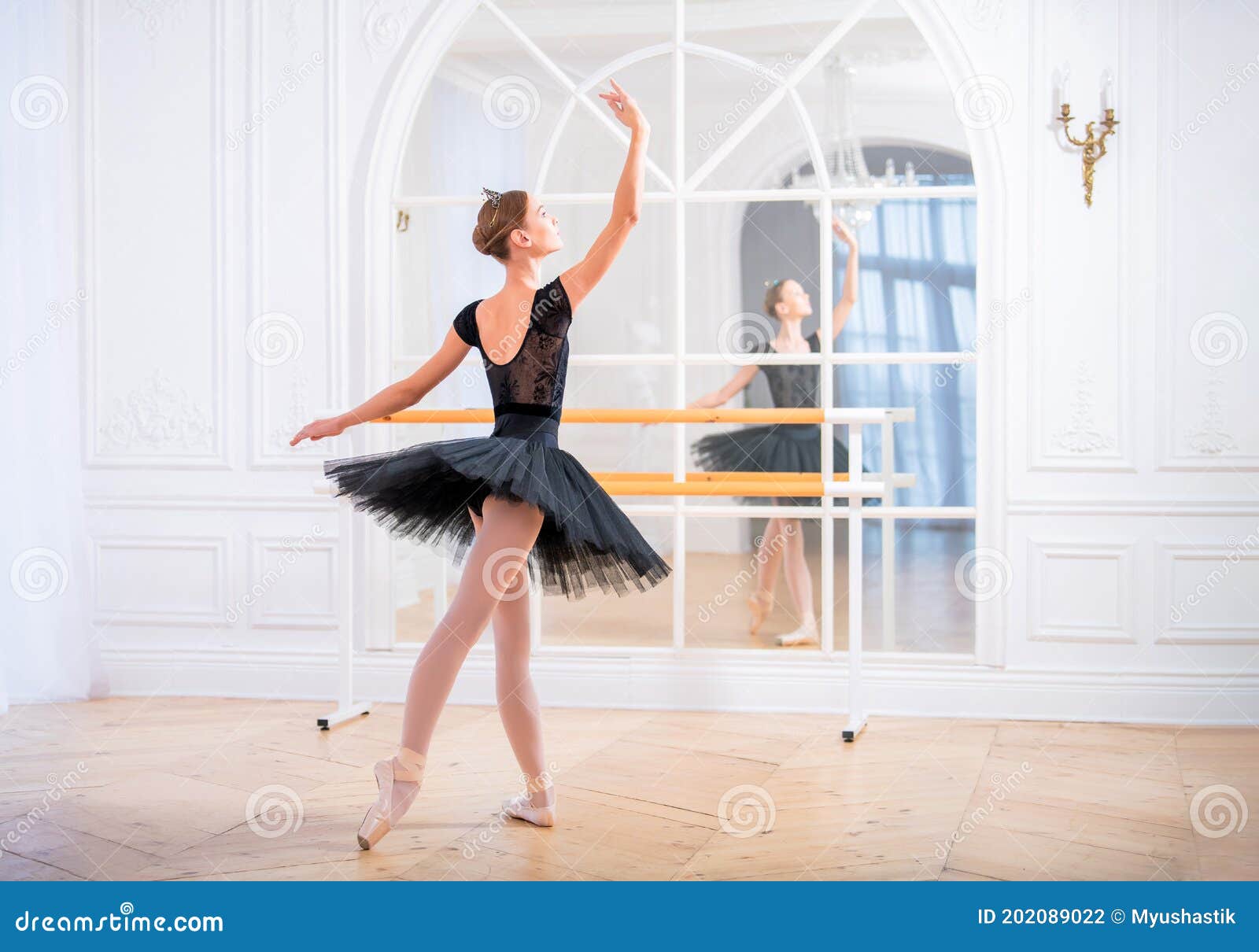 Young Ballerina in a Black Tutu Stands in Graceful on Shoes a Large Bright Hall in Front of a Mirror Stock Photo - Image of dancing, 202089022