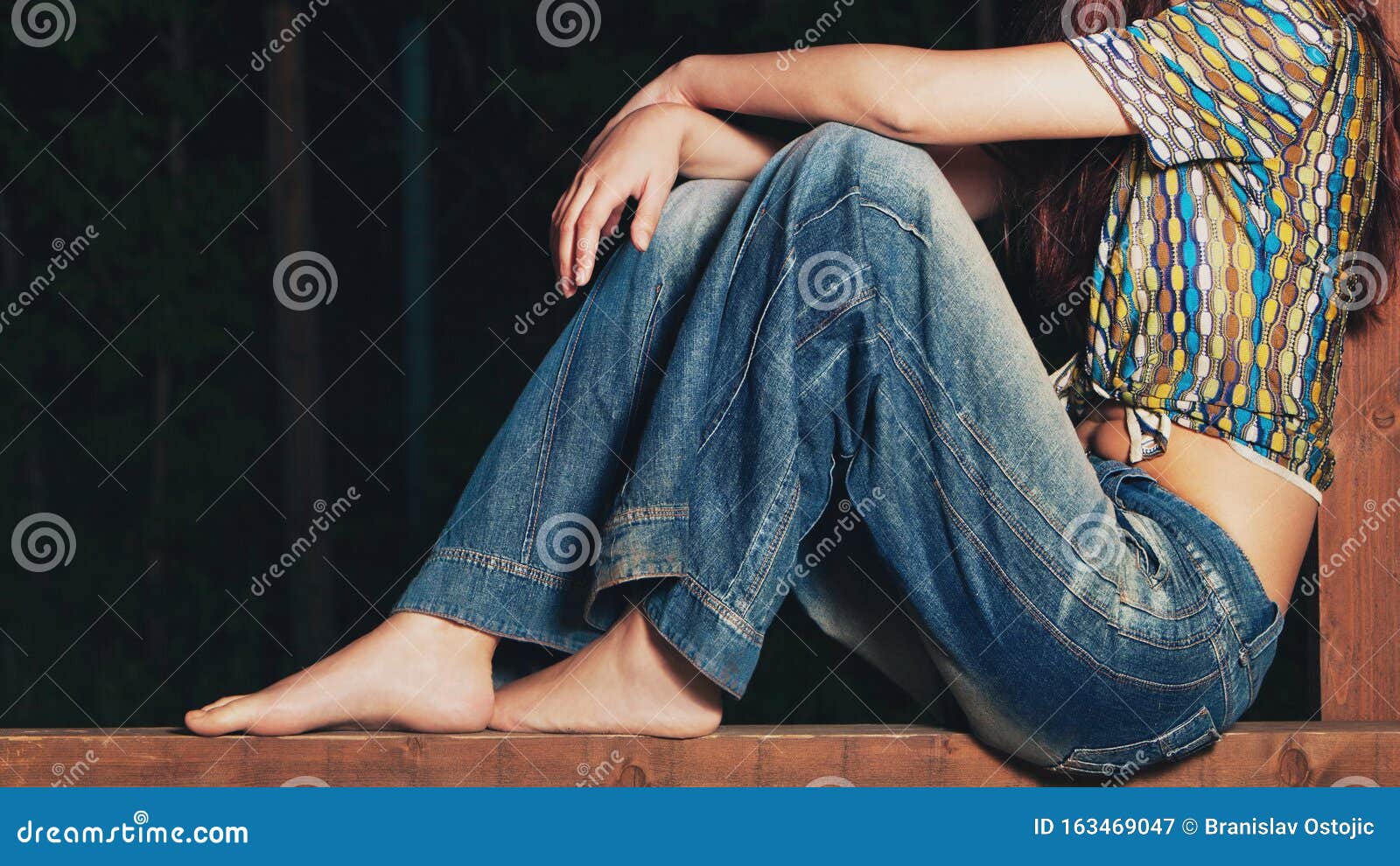 Young Barefoot Woman in Boho Style Clothes Jeans and Shirt Outdoor Shot ...