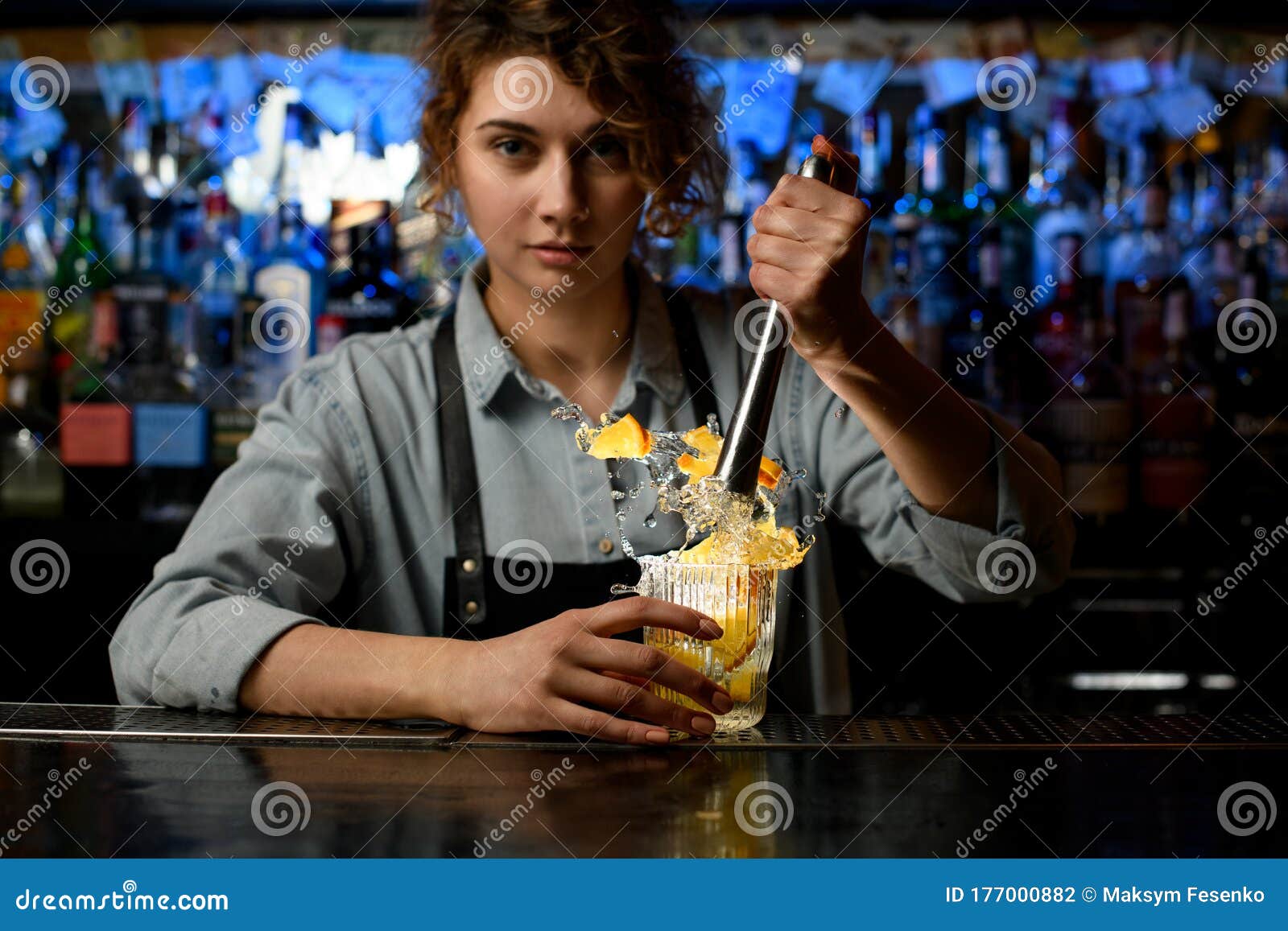 Young Bartender Hold Glass with Splashing Fresh Cocktail Stock Photo ...