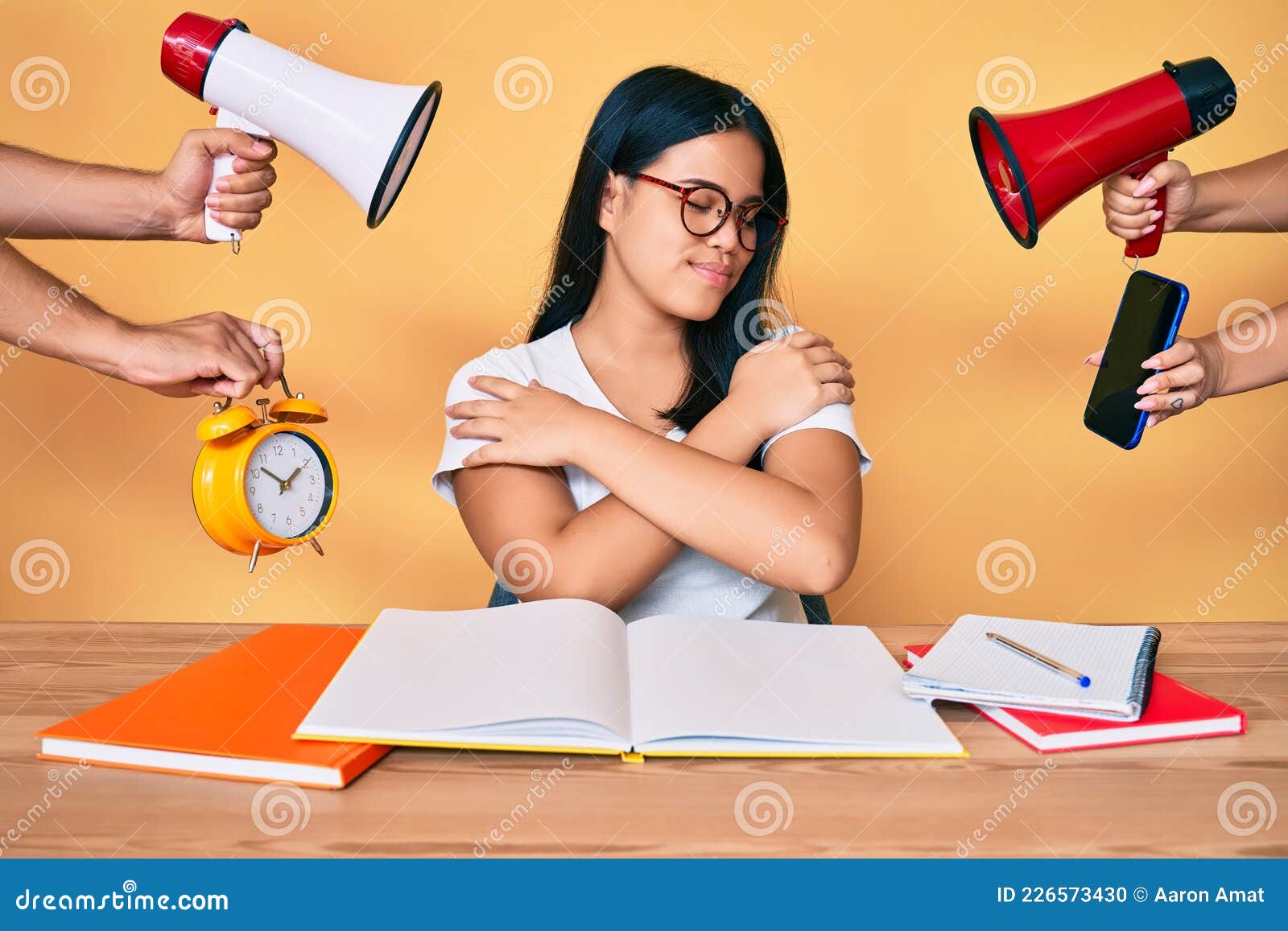 young beautiful asian girl stuying for university getting stressed out hugging oneself happy and positive, smiling confident