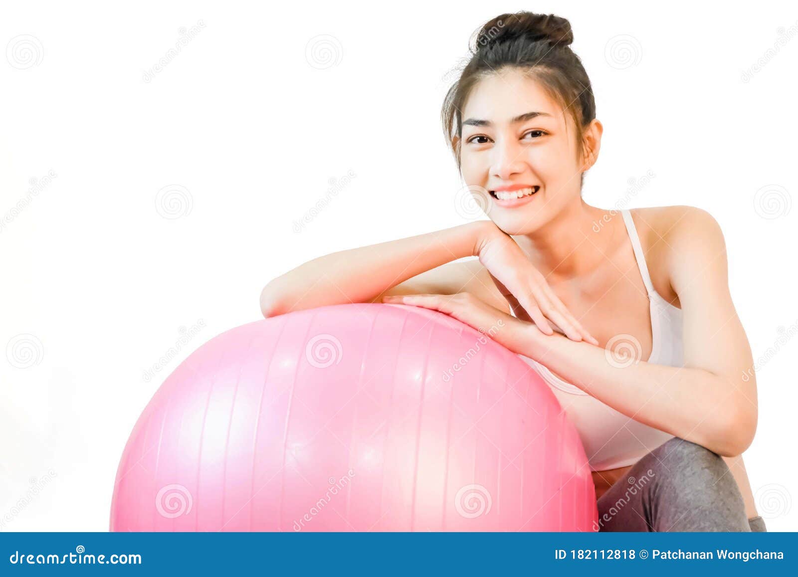 Young Beautiful Asian Woman Wearing a White Tank Top Exercise with Pink  Yoga Ball Isolated on White Background Stock Photo - Image of exercise,  pilates: 182112818