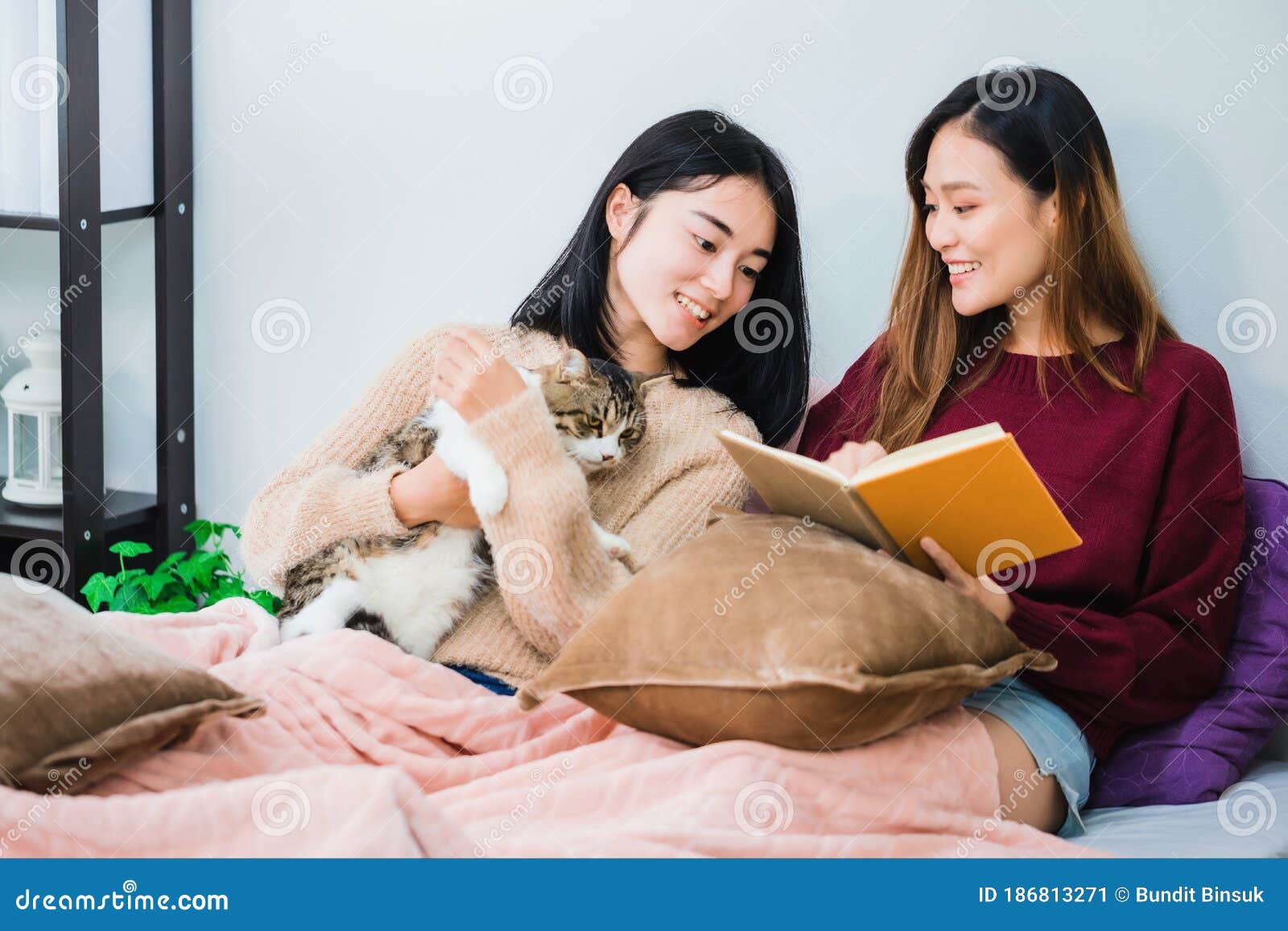 Young Beautiful Asian Women Lesbian Couple Lover Reading Bo