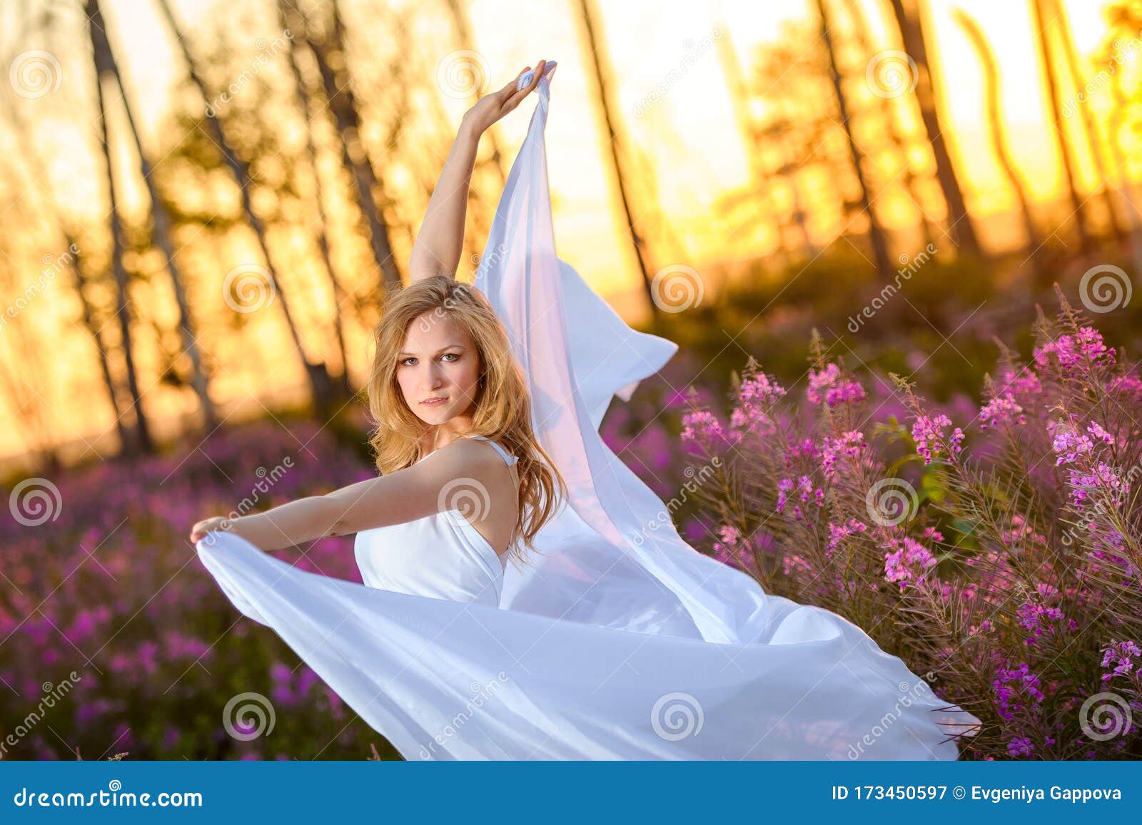 Young Beautiful Blonde Girl In The Spring Blooming Field At Sunset ...