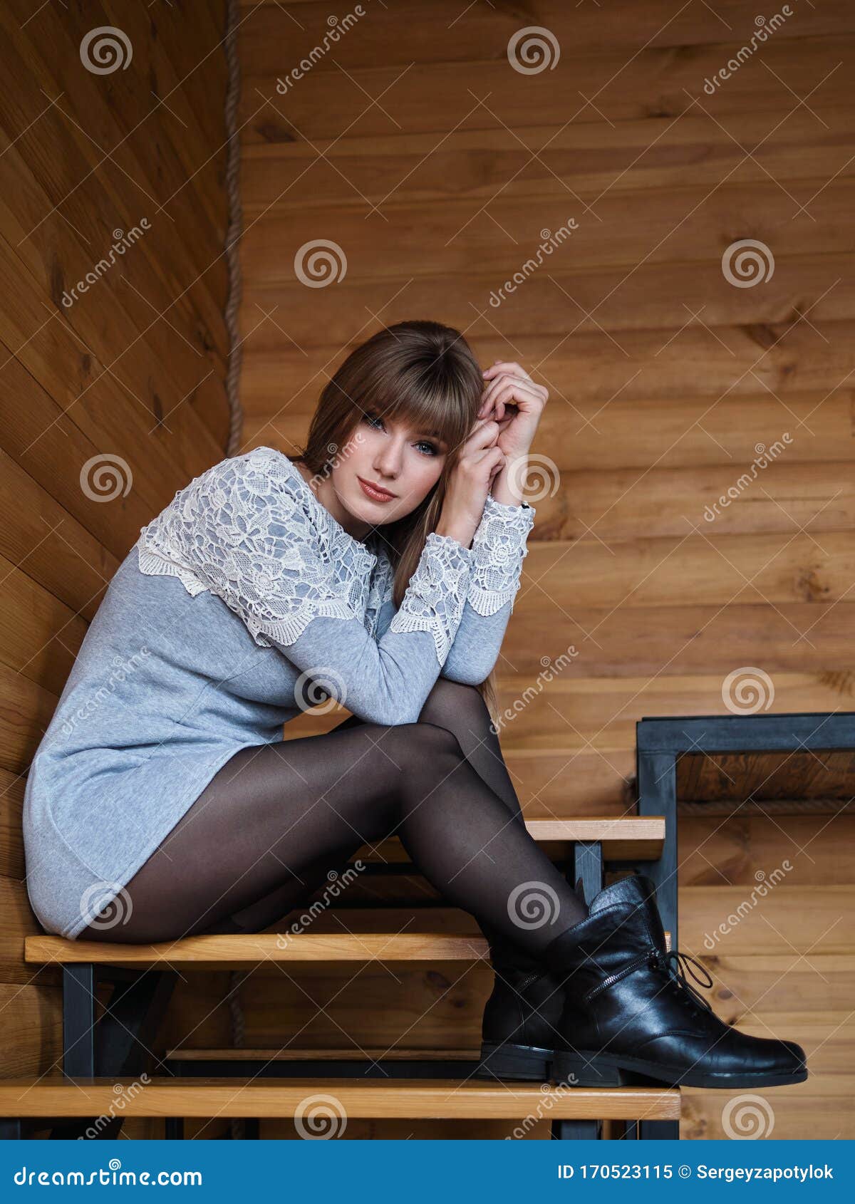 Young Beautiful Blonde Woman Dressed Vintage Grey Lace Short Mini Dress  Black Tights Boots Sitting Posing on the Staircase in Loft Stock Image -  Image of girl, home: 170523115