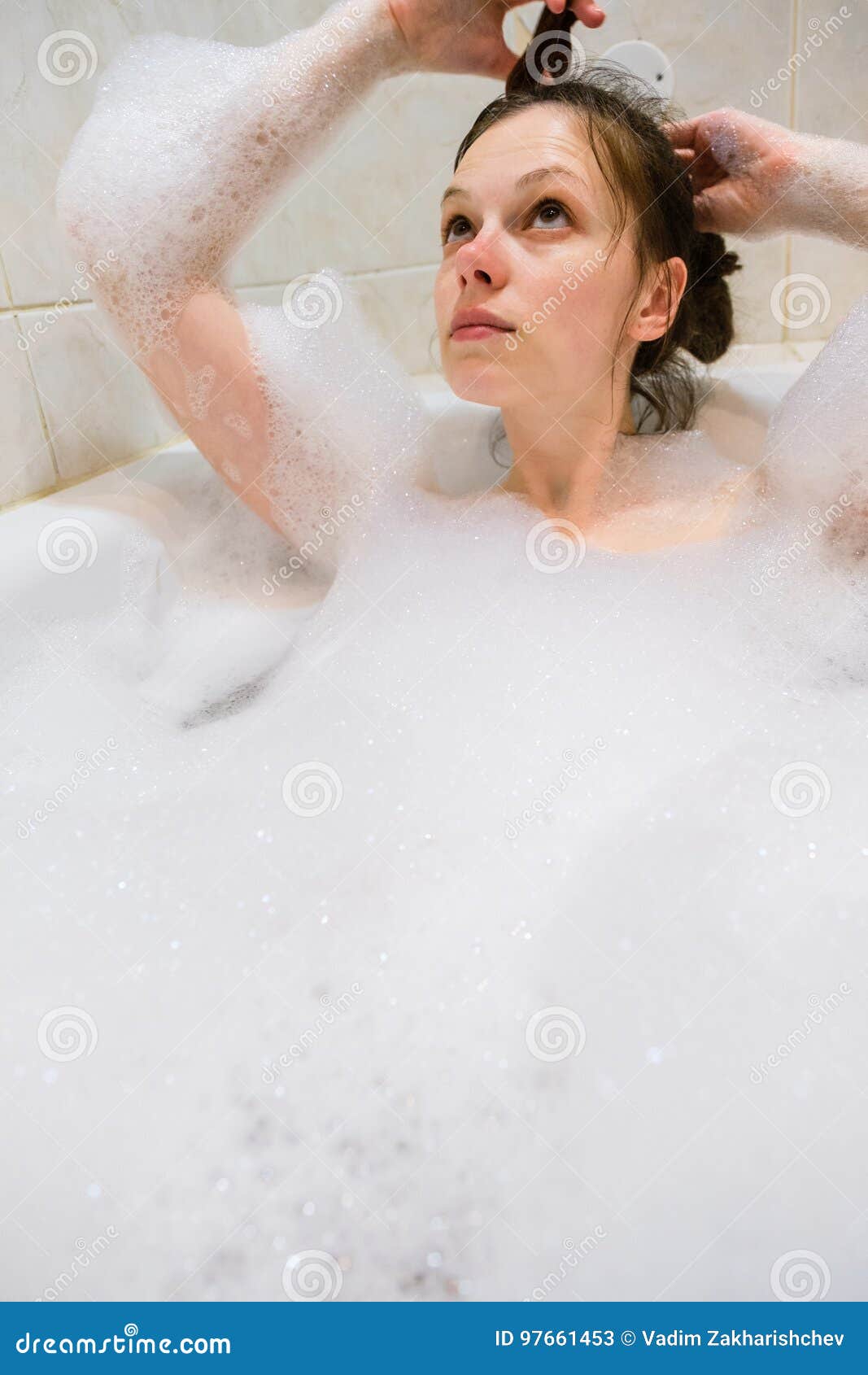 Young Beautiful Brunette Woman Takes Bubble Bath Stock Image Image Of Bathing Brunette 97661453 