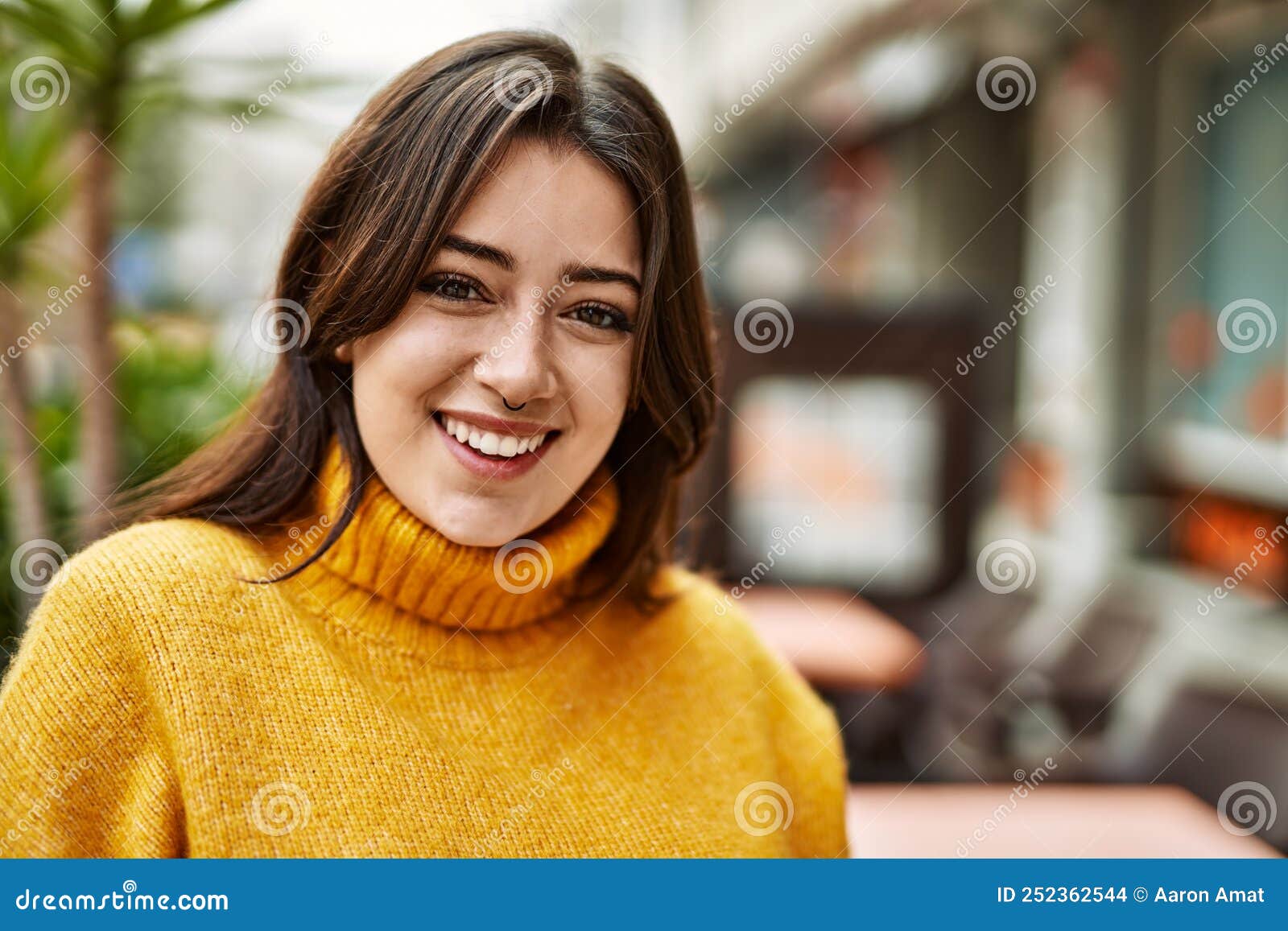 Young Beautiful Brunette Woman Wearing Turtleneck Sweater Smiling Happy ...