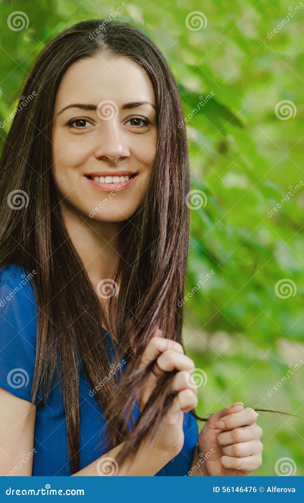 Young Beautiful Caucasian Female With Long Dark Hair Smiling Stock 