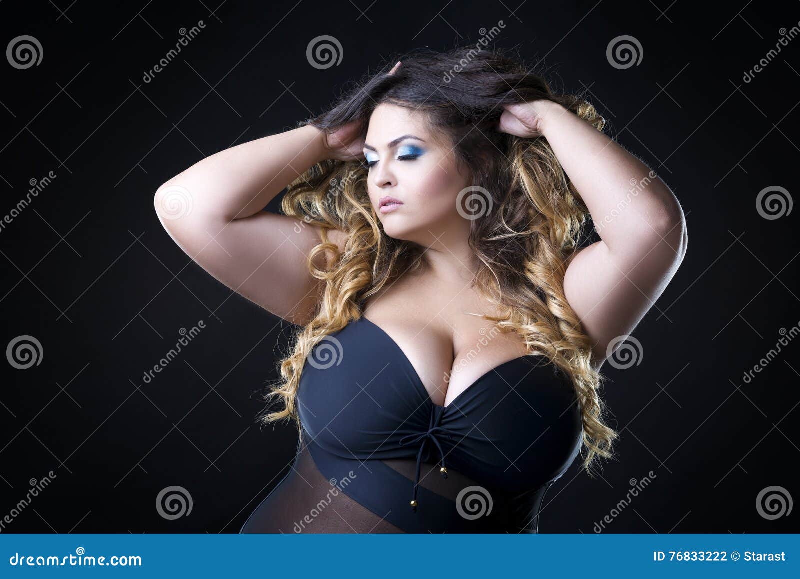 Young Beautiful Caucasian Plus Size Model with Big in Black Bra, Xxl Woman on Dark Background Photo - Image of 76833222