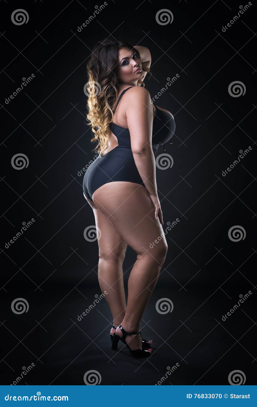 Young Beautiful Caucasian Plus Size Model in Swimsuit, Xxl Woman on Black  Background Stock Photo - Image of cellulite, fulness: 76833070