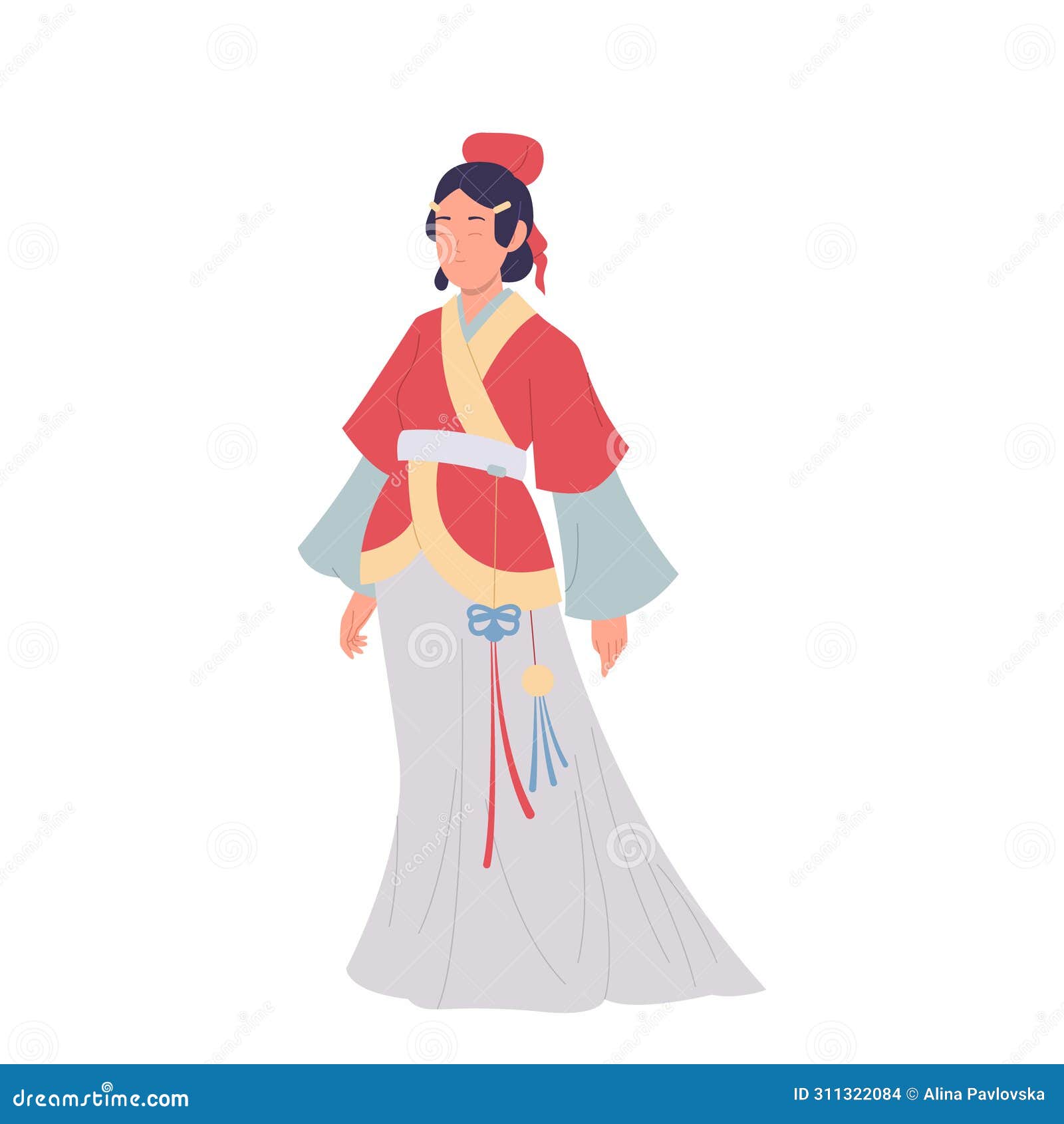 young beautiful chinese woman cartoon character wearing traditional wedding dress  on white