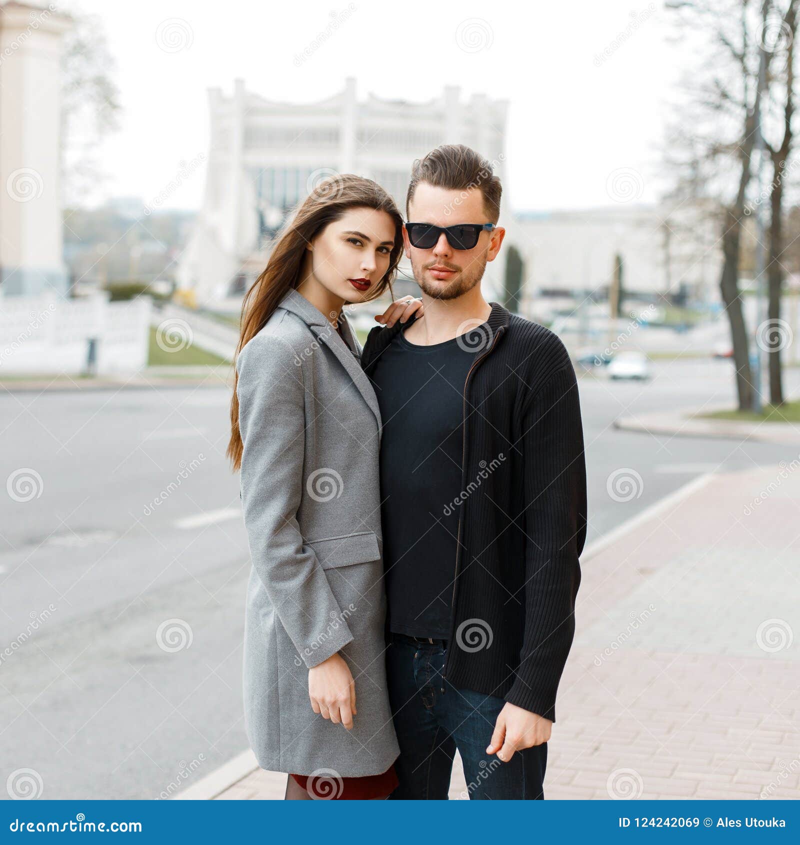 Young Beautiful Couple in Jeans Clothes and Coat on the Street. Stock ...