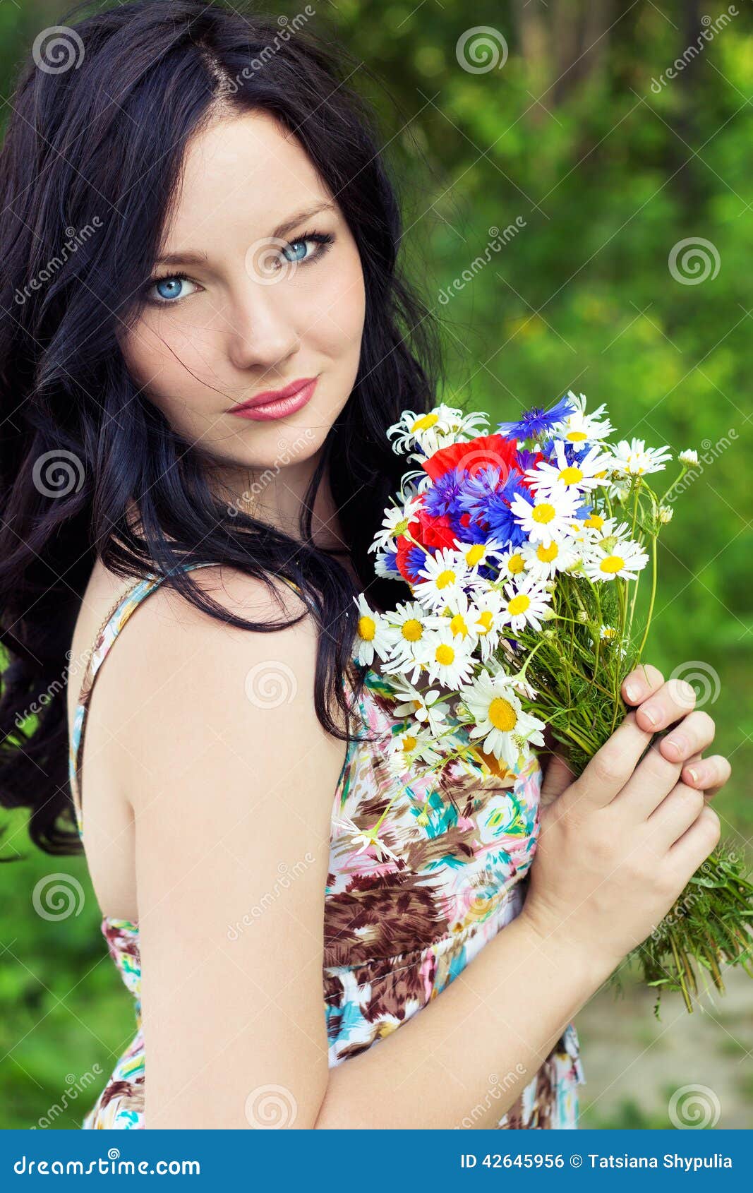Young Beautiful Elegant Girl, Blue Eyes With Long Black Hair Standing ...
