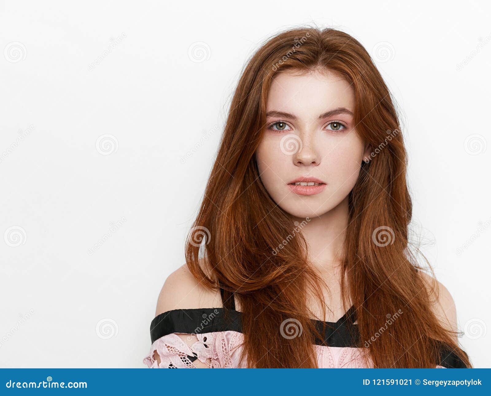 Young Beautiful Excited Lady with Gorgeous Natural Red Hair, Blank Copy ...