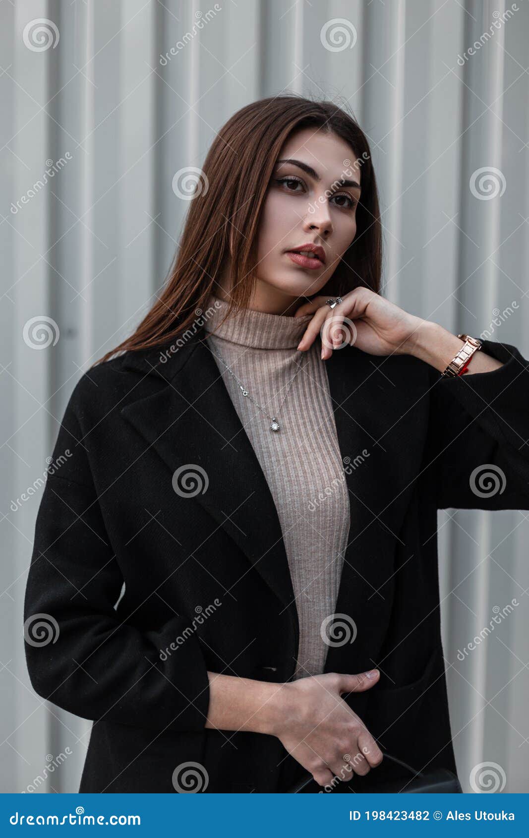 Young Beautiful Fashion Woman Brunette in Beige Shirt in a Black ...