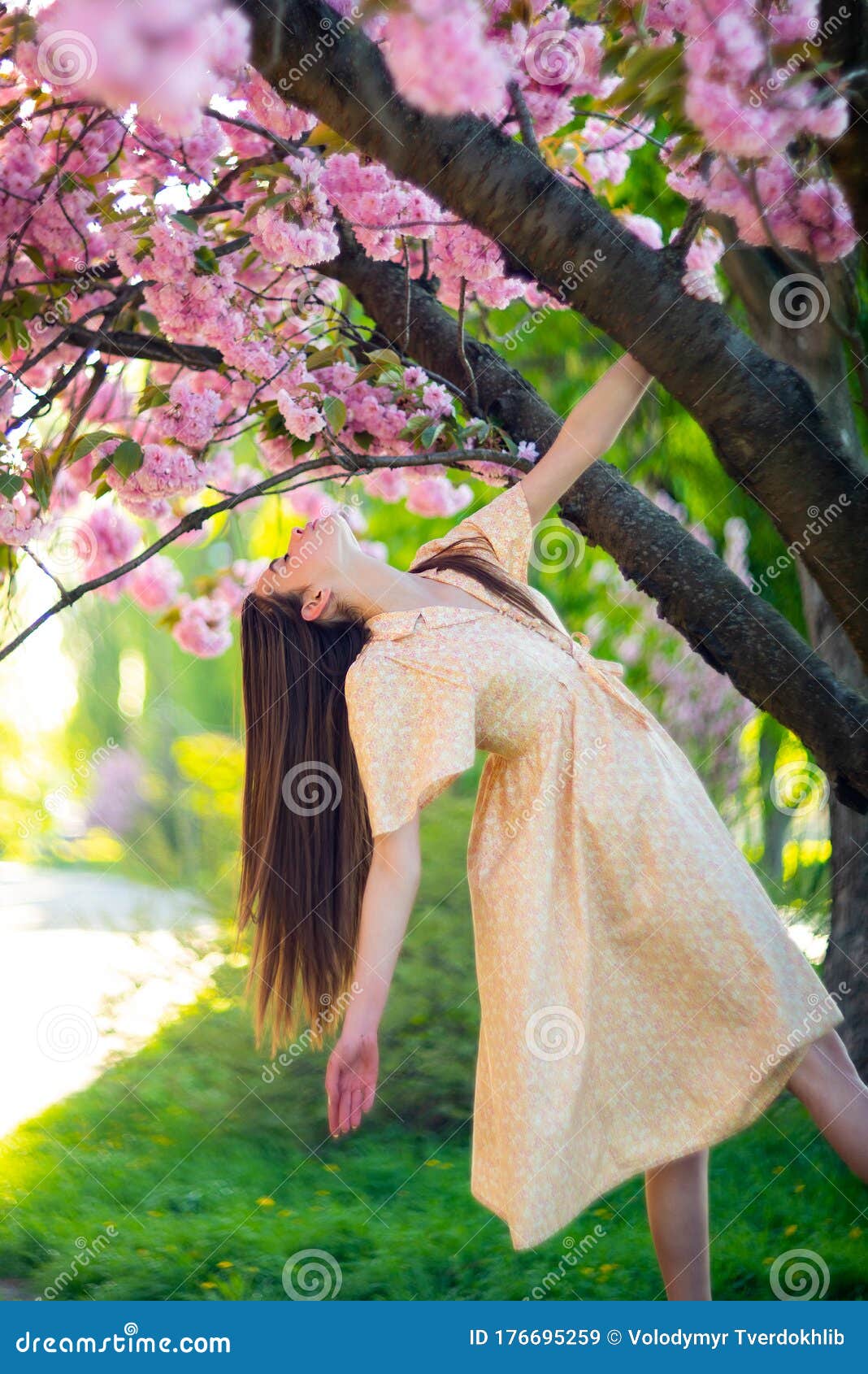 Young Beautiful Fashionable Lady Posing Near Flowering Tree Model Wearing Stylish Clothes