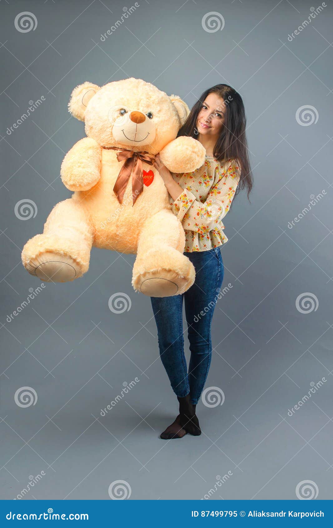 Young Beautiful Girl with Big Teddy Bear Soft Toy Happy Smiling ...