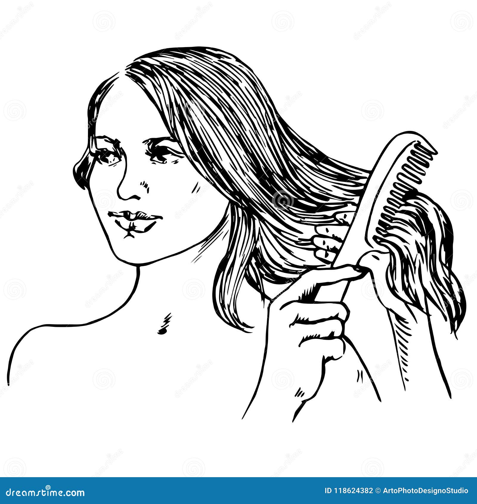 Young Beautiful Girl Brushing Her Hair Stock Vector - Illustration of  drawn, hairstyle: 118624382